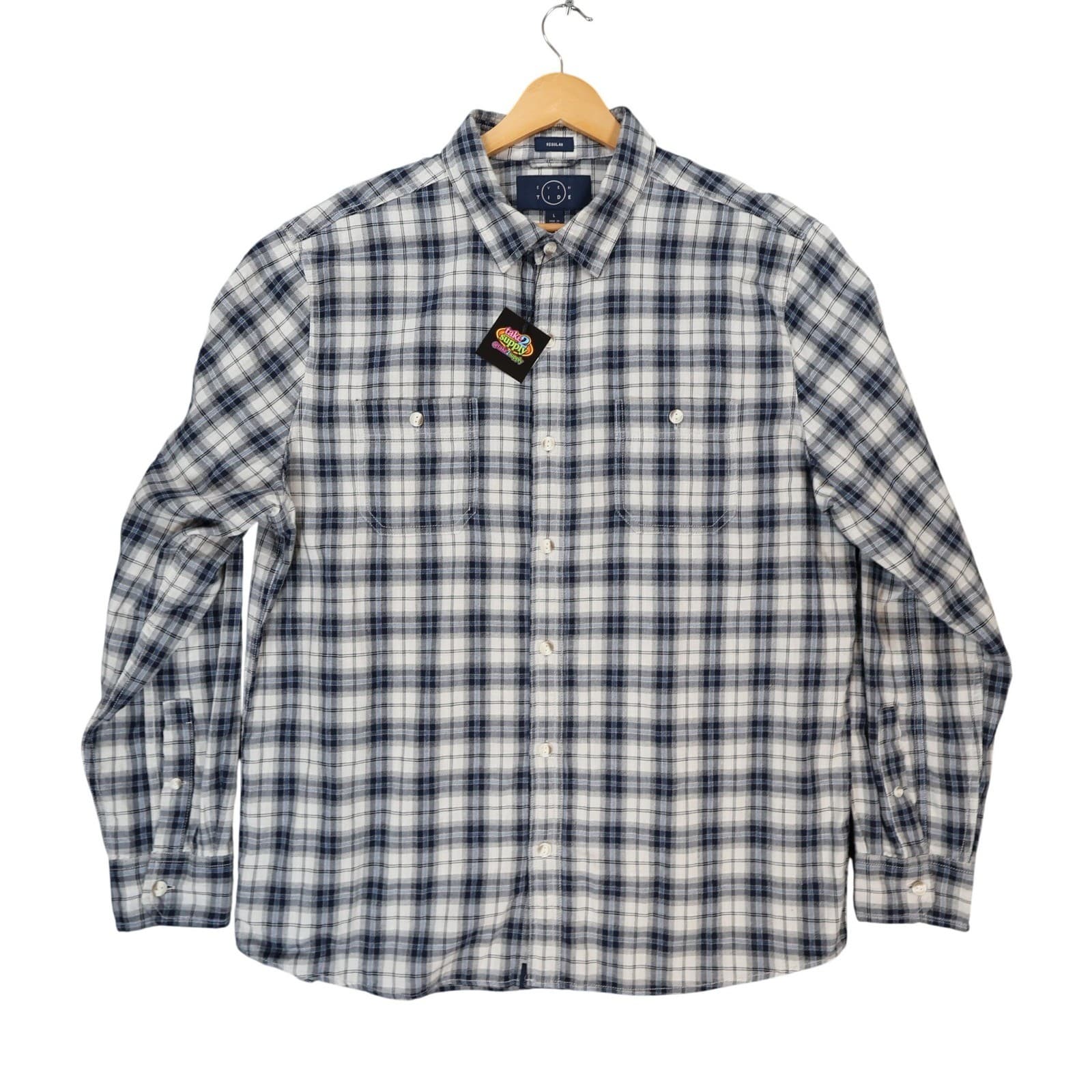 Even Tide Button Up Mens L Blue Excellent Plaid Flannel Regular Fit