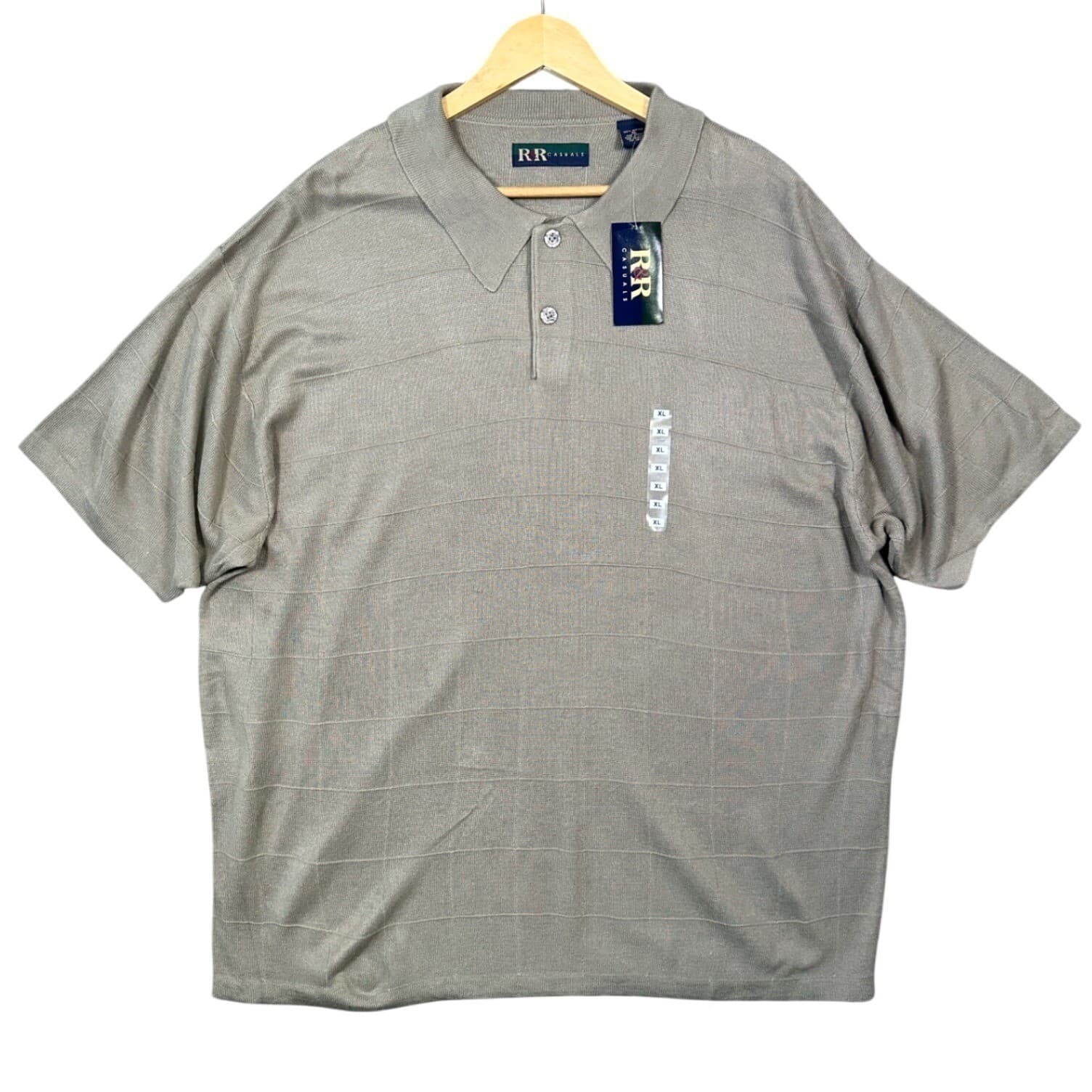 R&R Casuals Mens Tan Plaid Textured Knit Polo Shirt XL Short Sleeve NWT