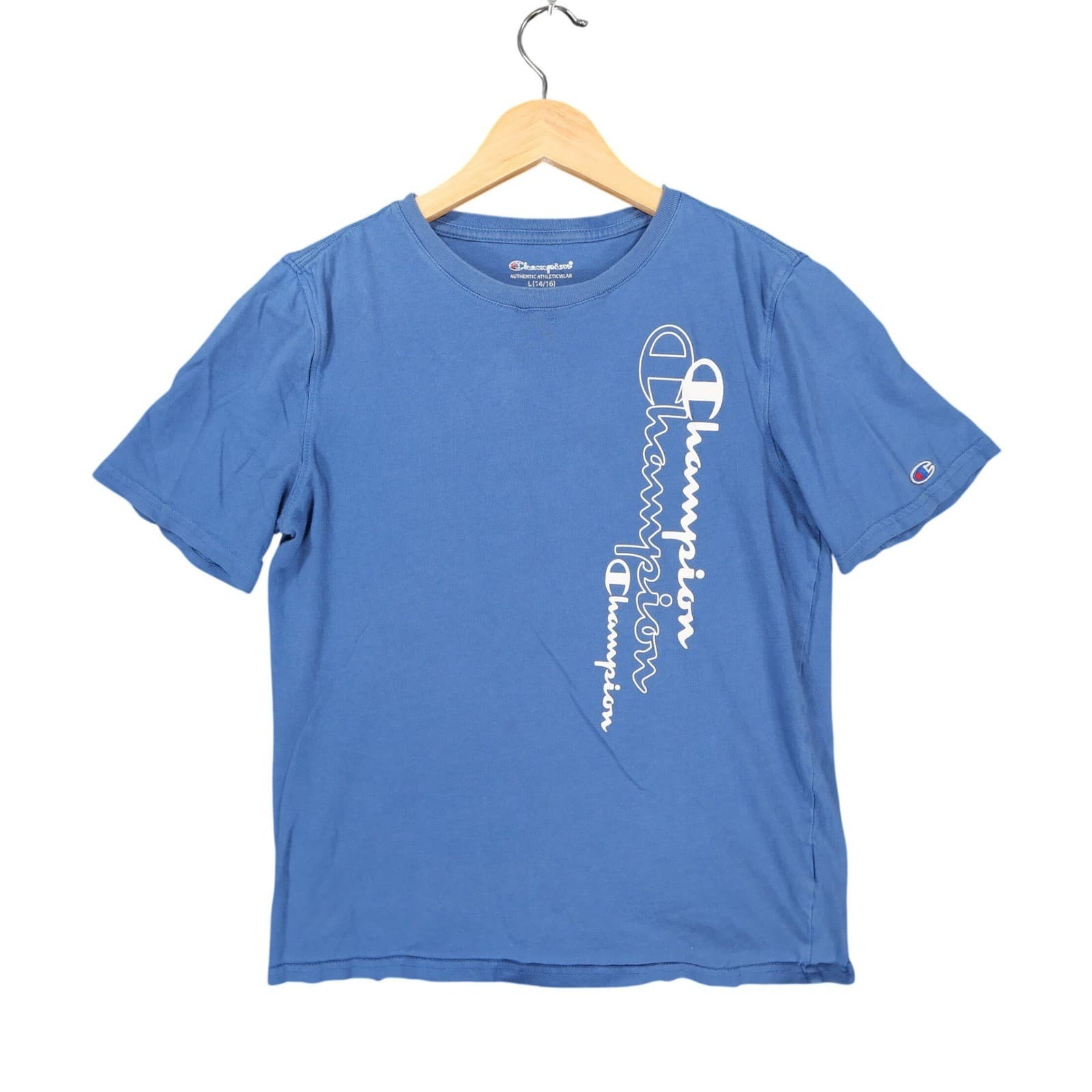Champion T Shirt Boys Large 14/16 Blue Excellent Vertical Graphic Logo