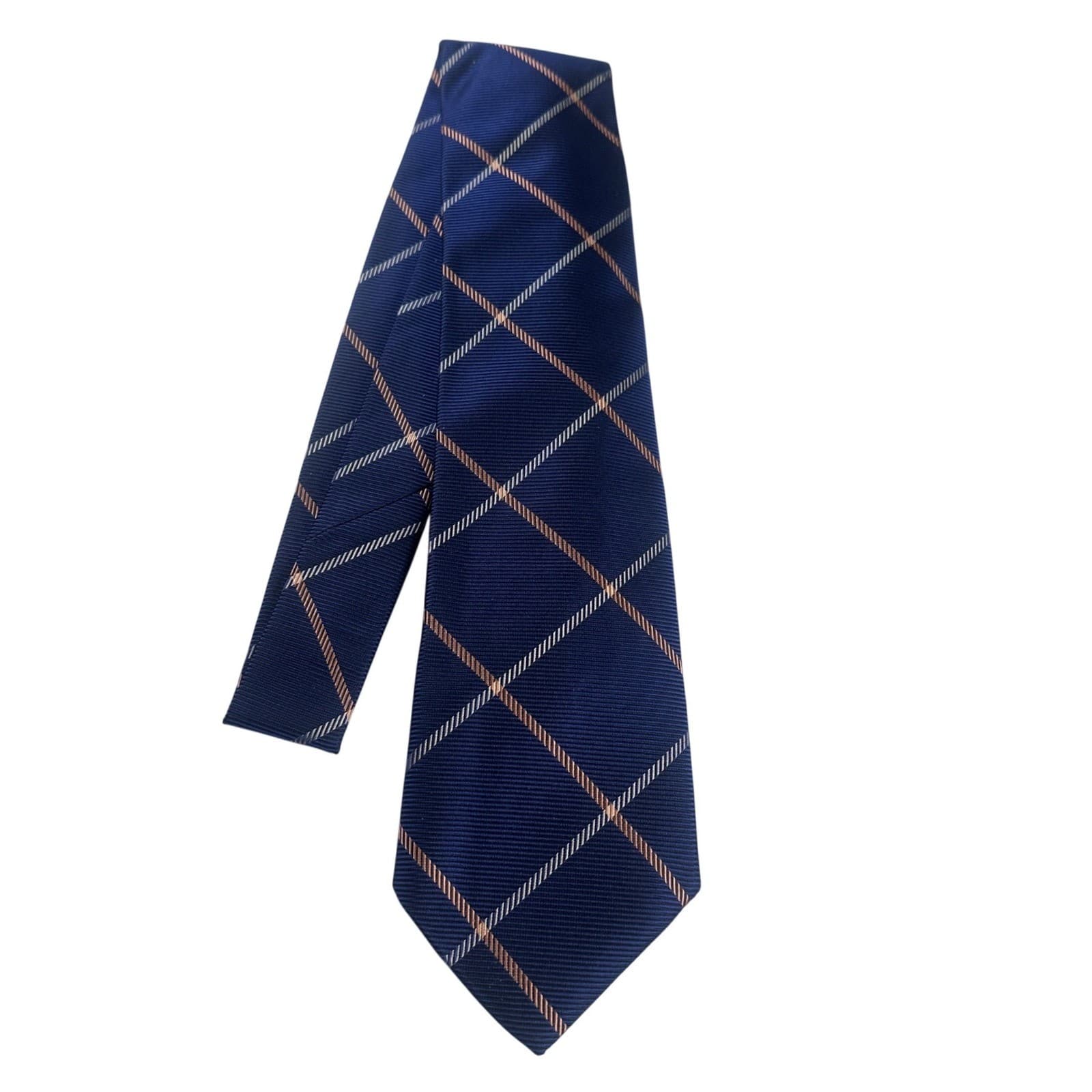 Paul Fredrick Mens Navy Blue Plaid Silk Necktie Italian Hand Tailored NWT
