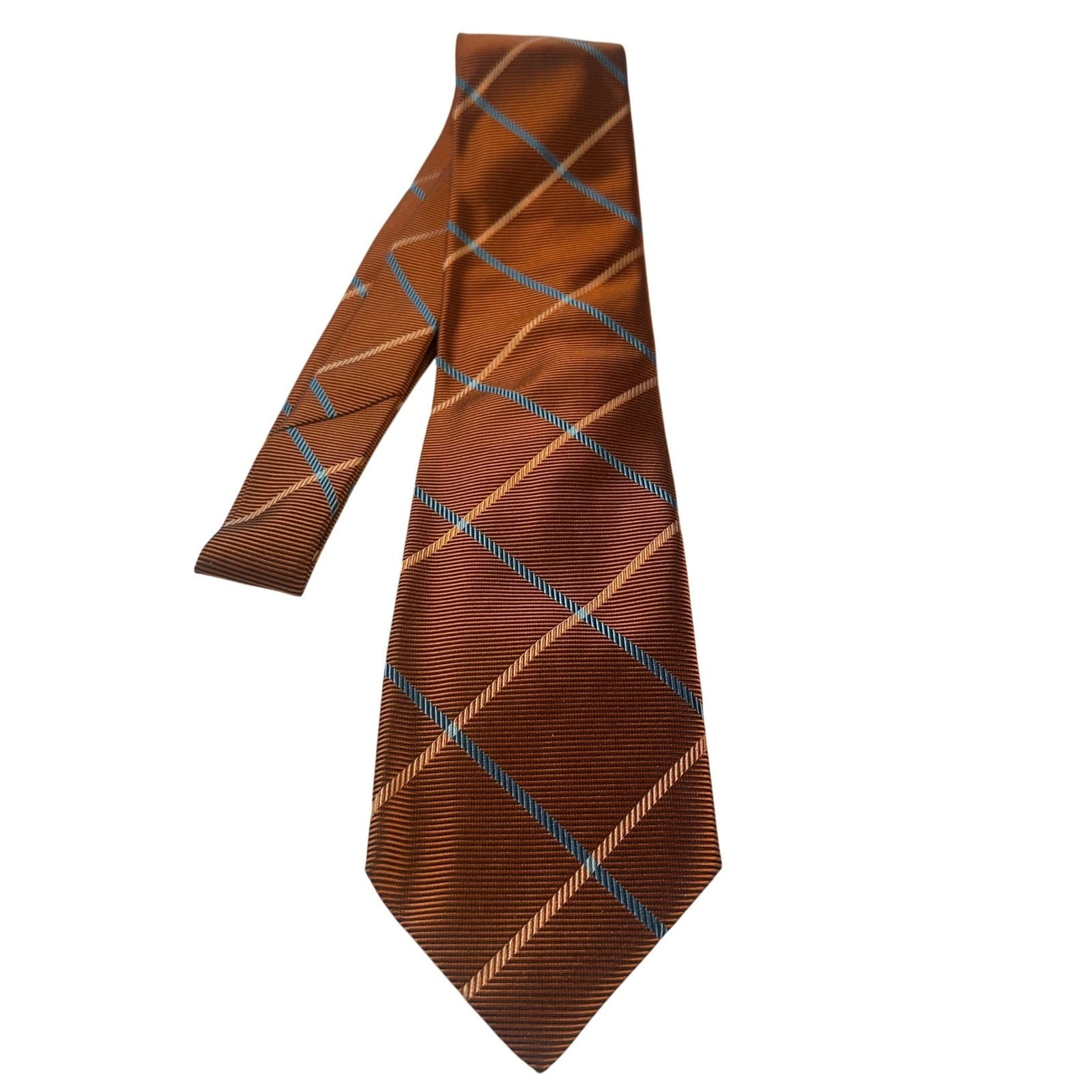 Paul Fredrick Mens Silk Plaid Necktie Brown Blue Tan NWT