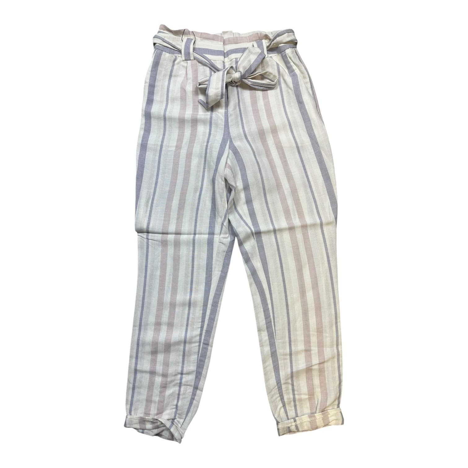 Express Women's Striped Paperbag Tie-Waist Ankle Pants Cream Multi