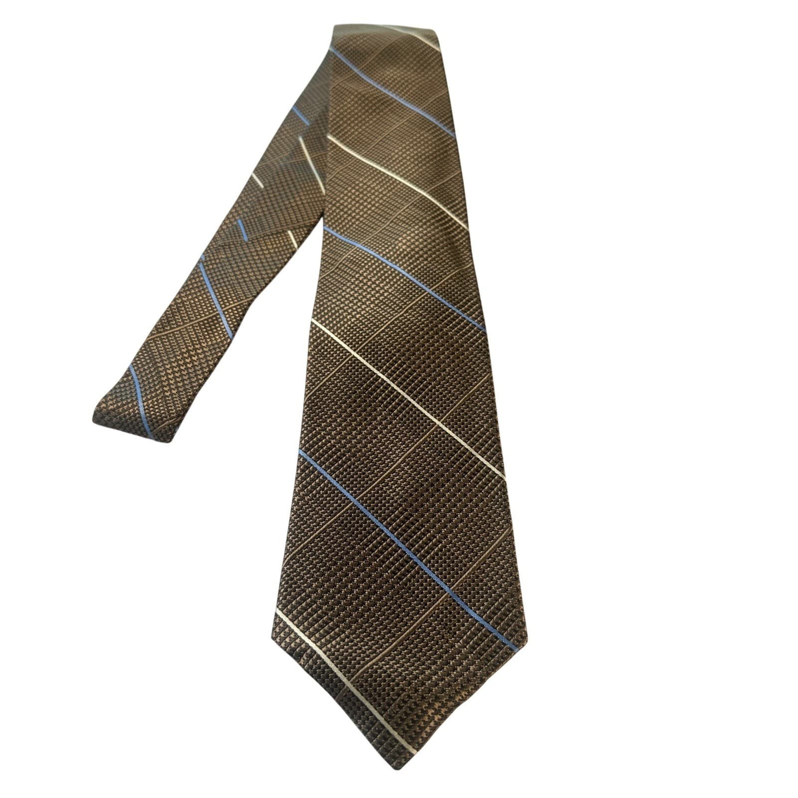 Paul Fredrick Mens Silk Plaid Necktie Brown Blue White Formal Business NWT