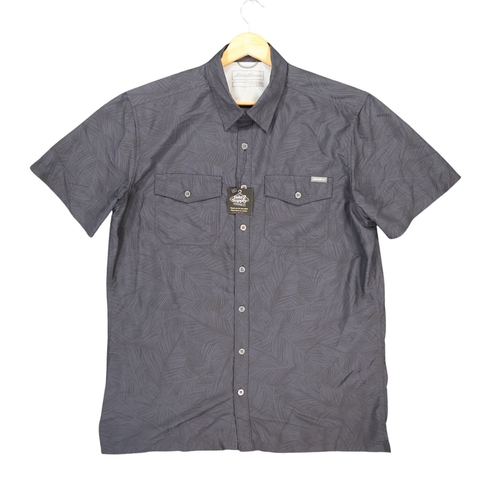Eddie Bauer Button Front Shirt Mens XL Black Excellent Tropical Palm Print