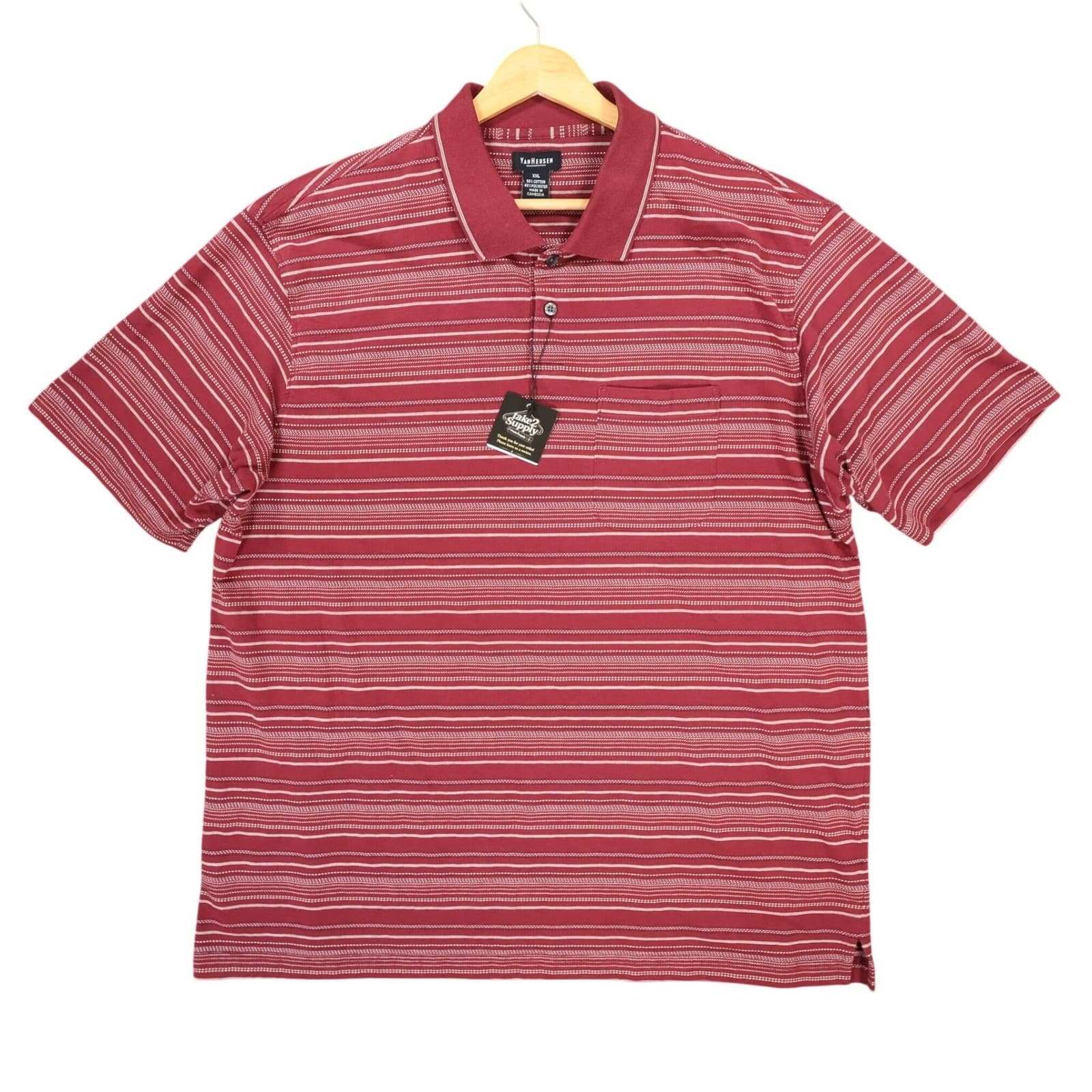Van Heusen Polo Mens XXL Red Excellent Striped Short Sleeve Pocket Shirt