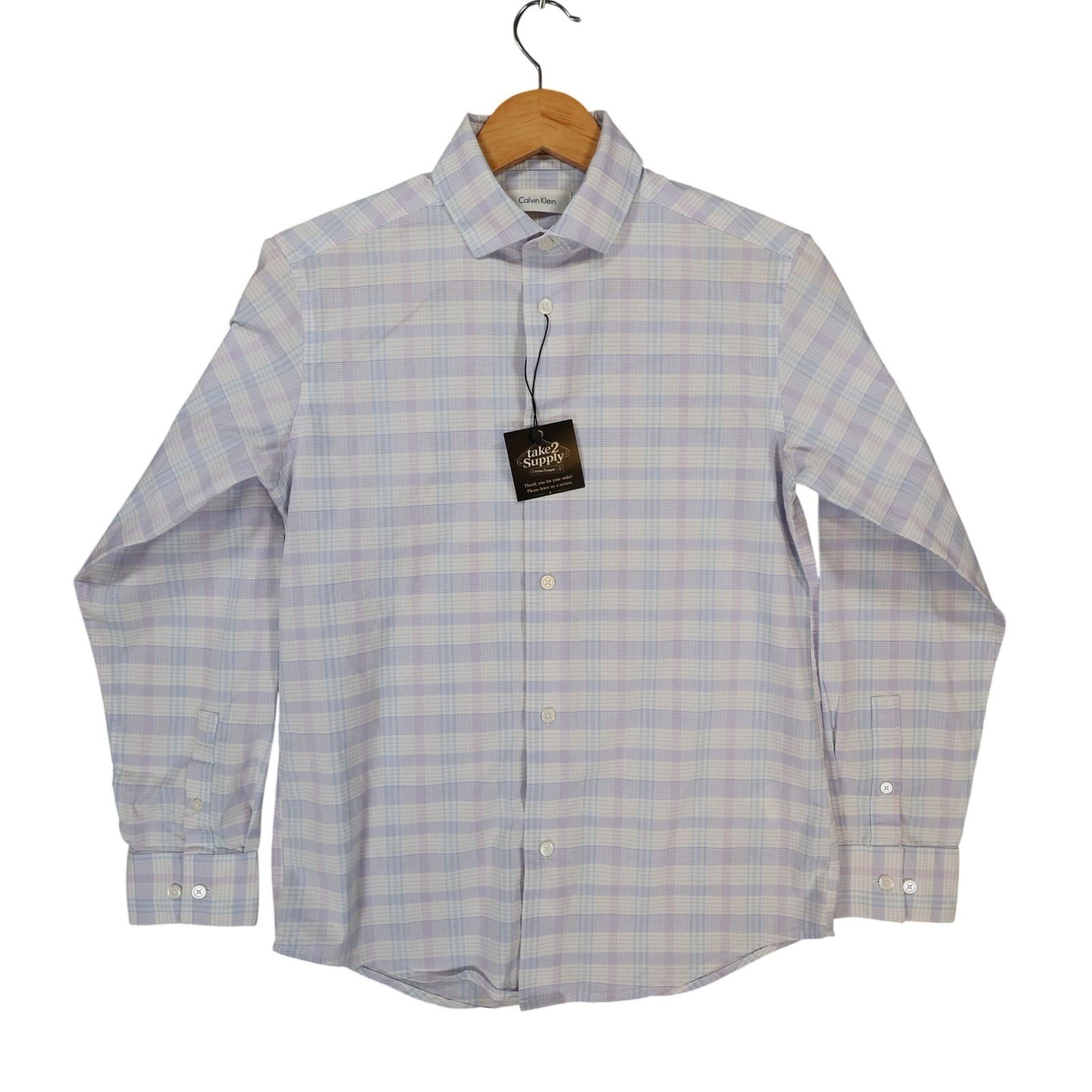 Calvin Klein Button Up Boys 12 Purple Excellent Plaid Long Sleeve