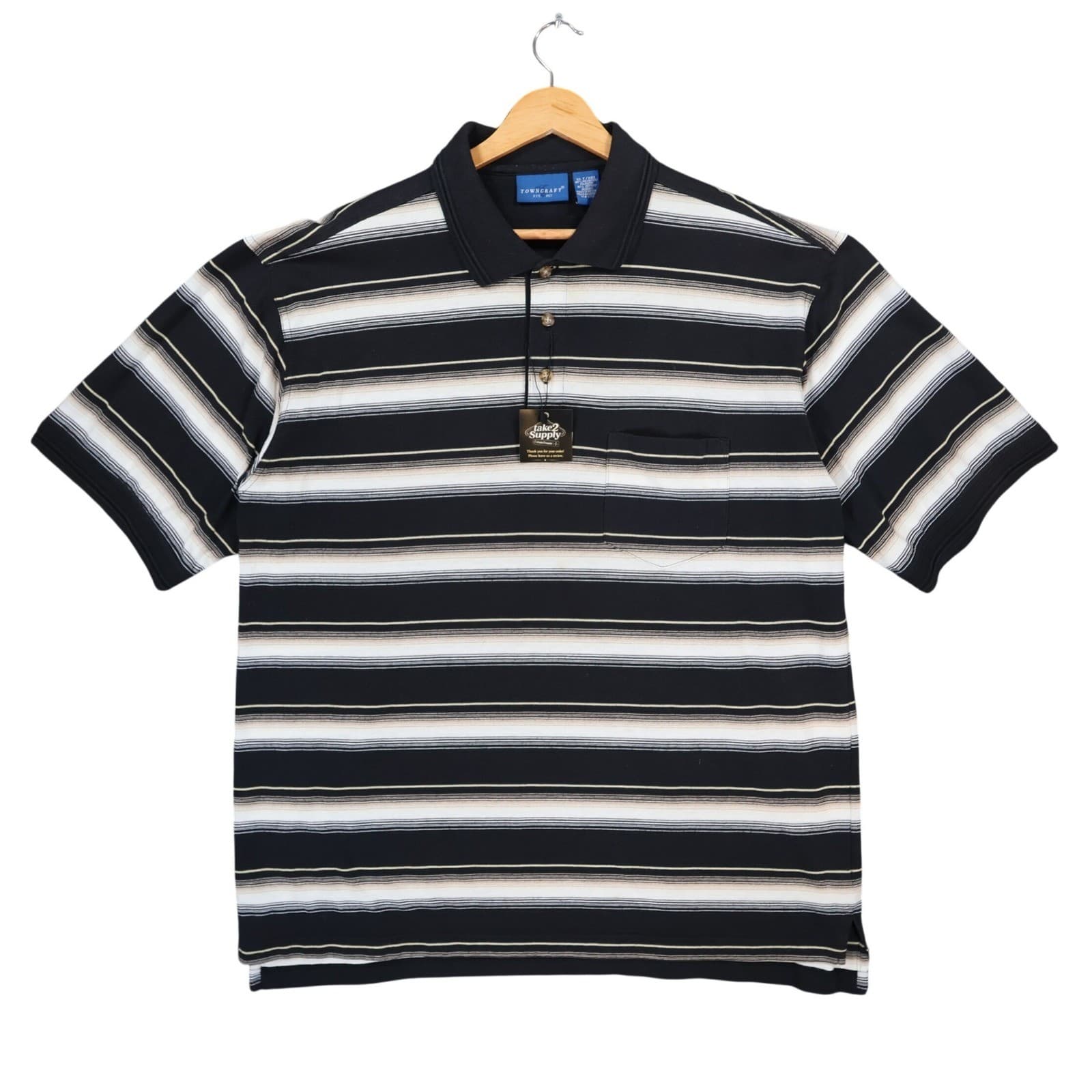 Towncraft Polo Mens XLT Black Excellent Striped Pocket Short Sleeve