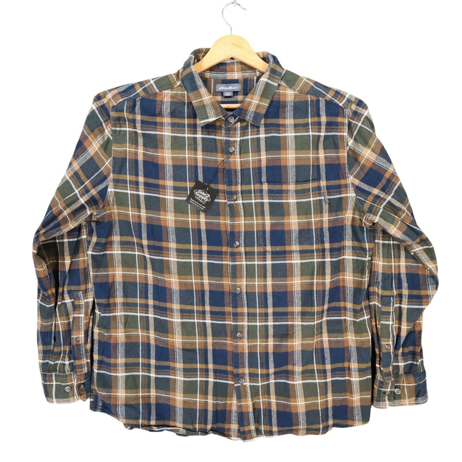 Eddie Bauer Flannel Mens XL Blue Brown Excellent Plaid Cotton Button Up