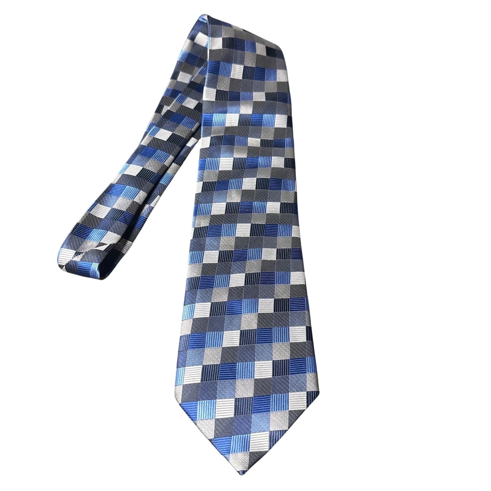 Bergamo New York Mens Blue Grey Plaid Silk Necktie Tie