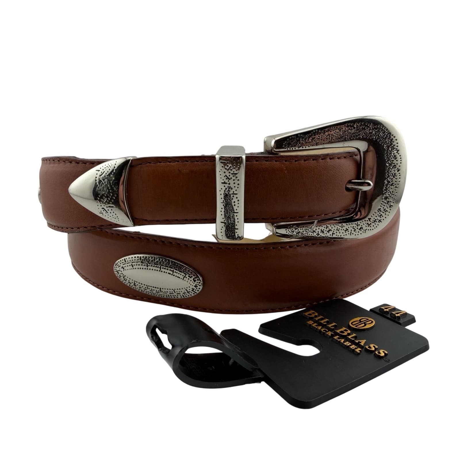 Bill Blass Belt Mens 44 Cognac Leather Western Silver Engraved Buckle New 50in