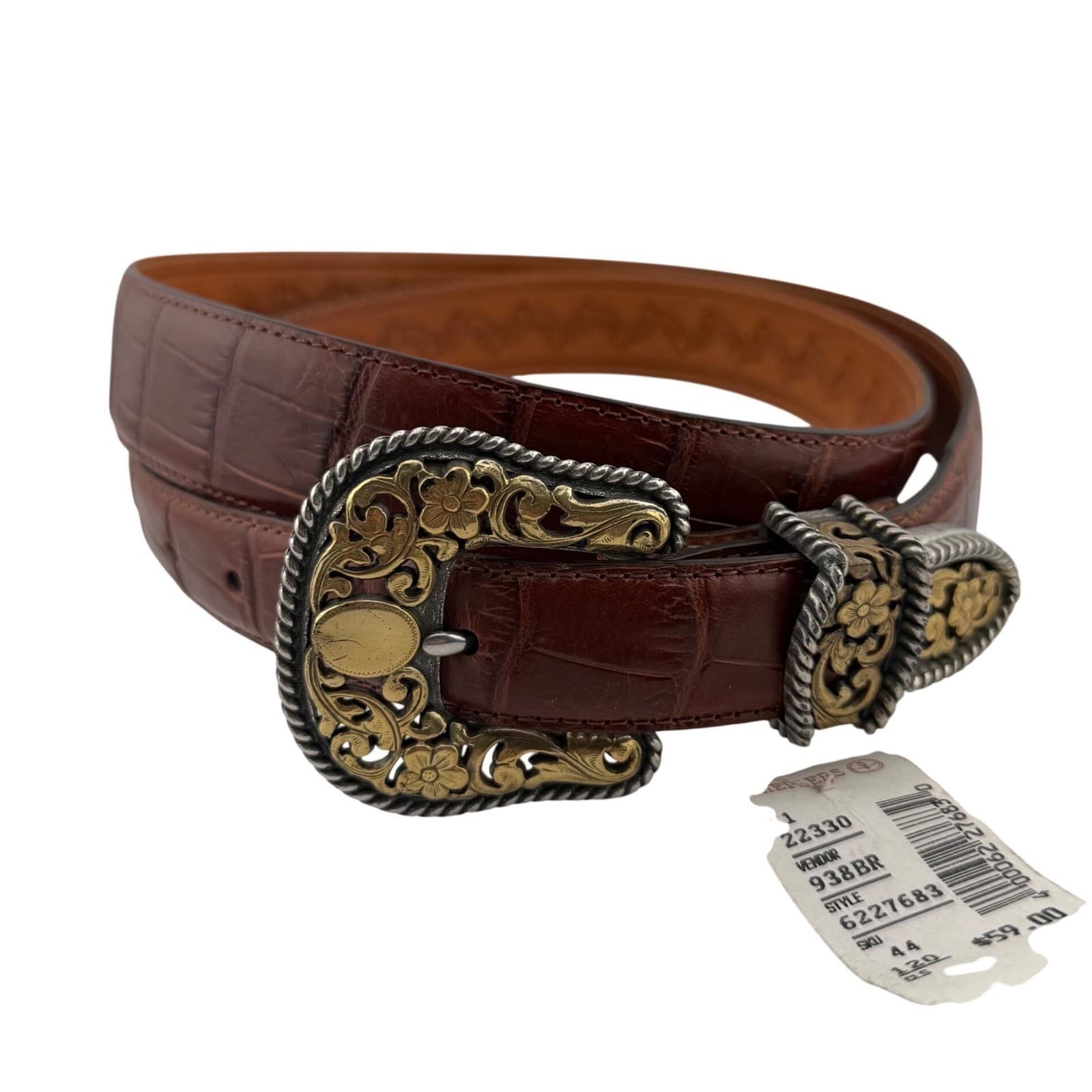 Justin Western Belt Mens 44 Brown Leather Caiman Print Filigree Buckle 50in