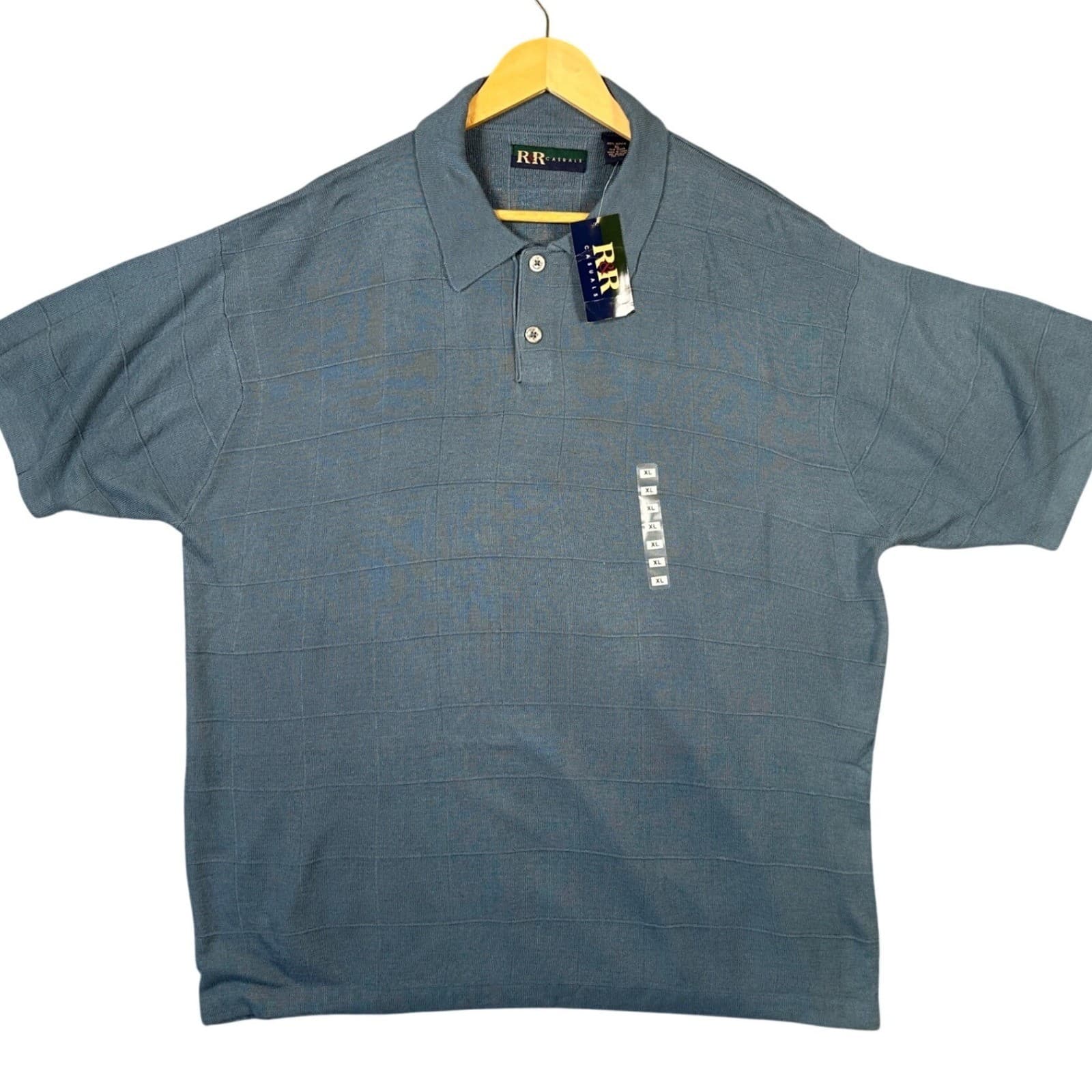 RR Casuals Men's XL Blue Plaid Knit Polo Shirt Short Sleeve
