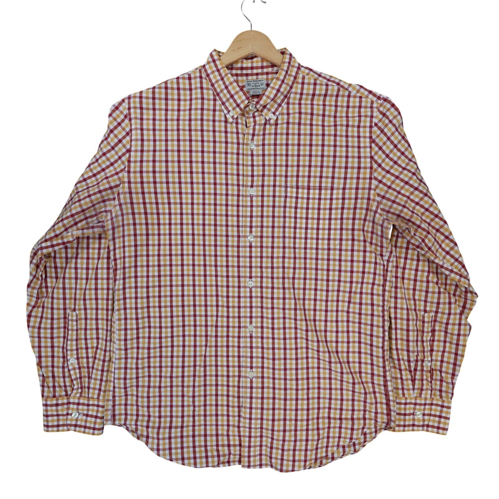 J.Crew Button Down Mens Large Red Yellow Excellent Plaid Gingham Long Sleeve