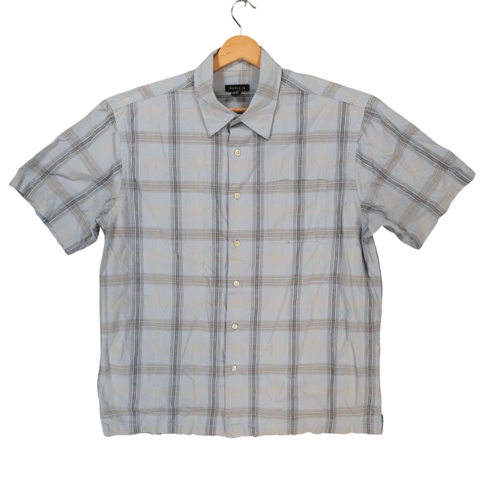 Van Heusen Button Up Mens Large Blue Excellent Plaid Short Sleeve
