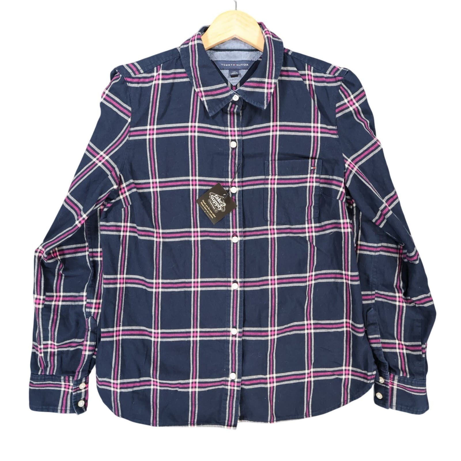 Tommy Hilfiger Button Up Womens Small Navy Blue Excellent Plaid Long Sleeve