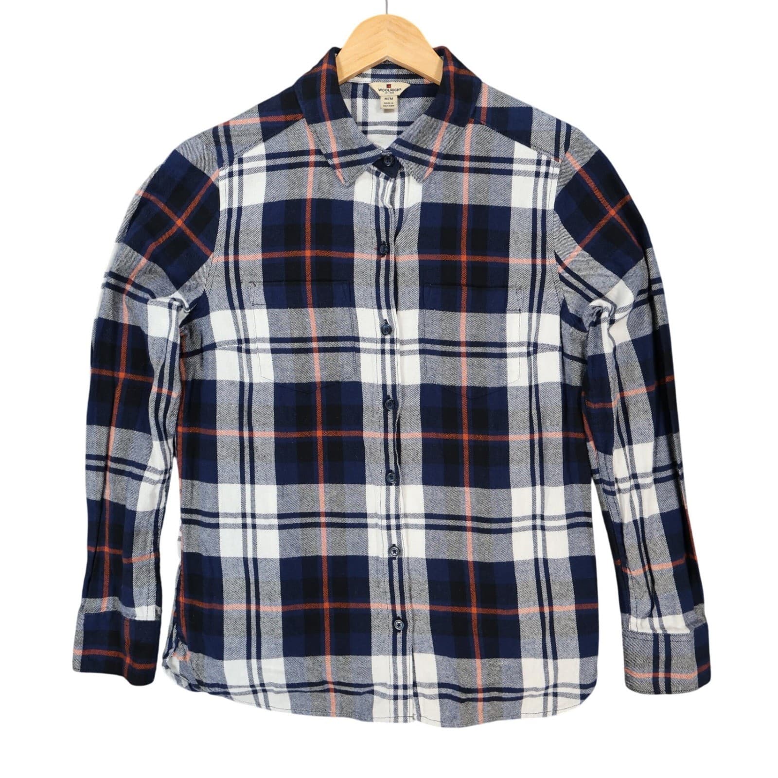 Woolrich Flannel Shirt Womens Medium Blue Excellent Plaid Cotton Long Sleeve