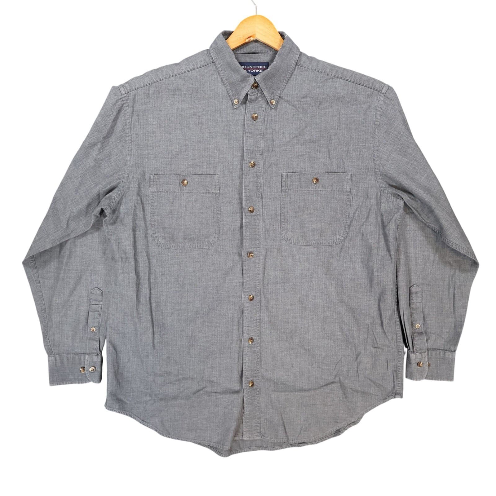 Roundtree & Yorke Button Down Mens Large Gray Excellent Herringbone
