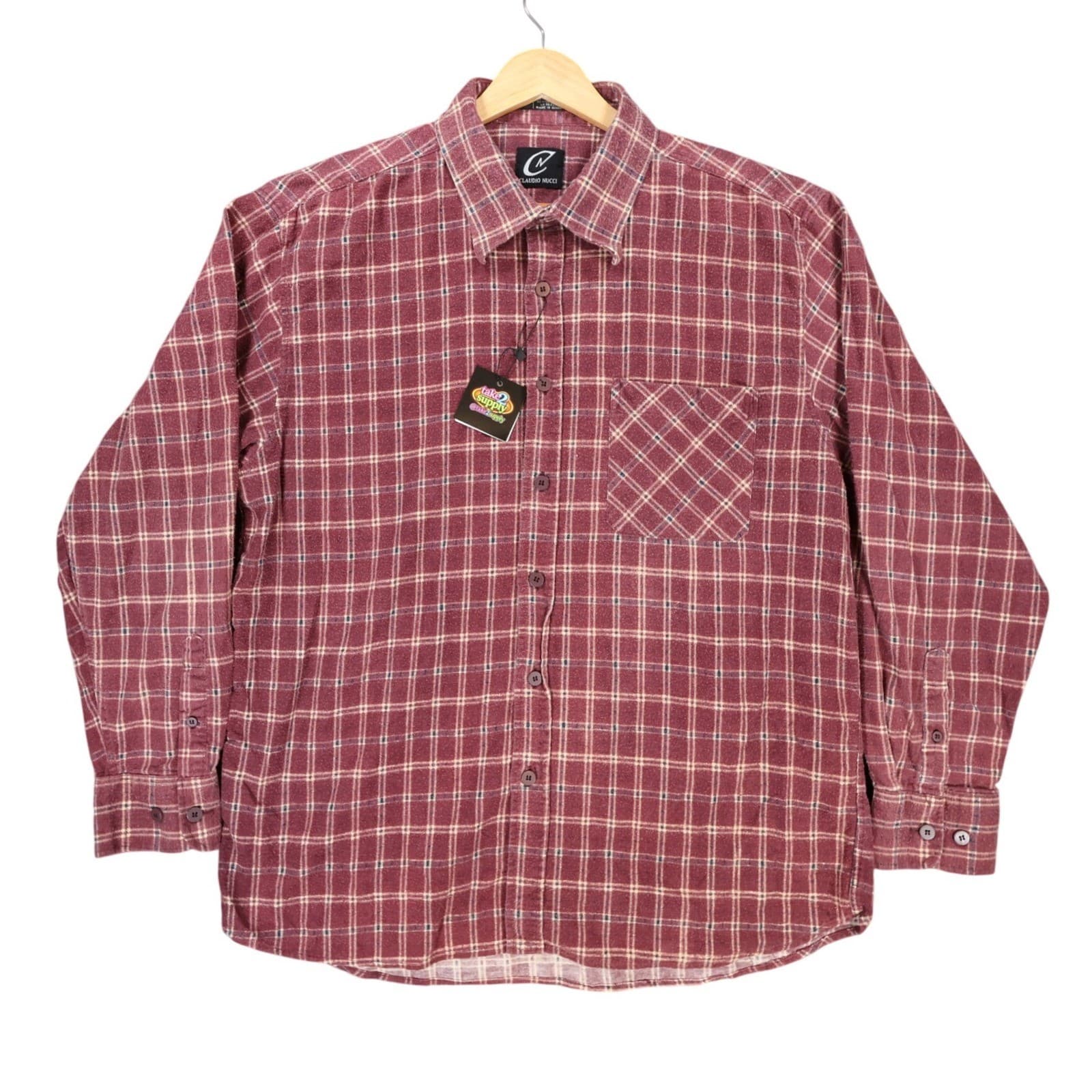 Claudio Nucci Button Up Mens L Burgundy Excellent Plaid Flannel