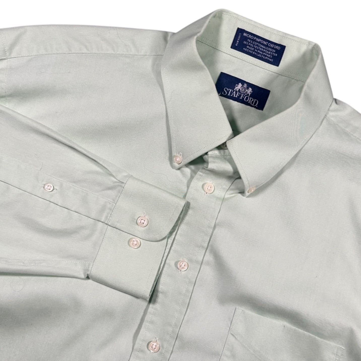 Stafford Button Down Shirt Mens 17 32/33 Green Excellent Micro Pinpoint Oxford