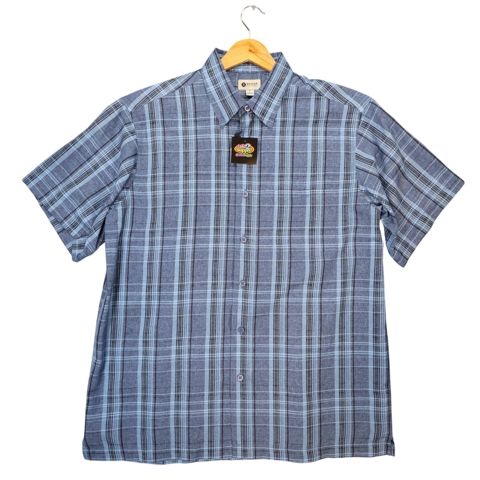 Haggar Button Up Shirt Mens Medium Blue Excellent Plaid Short Sleeve Polyester