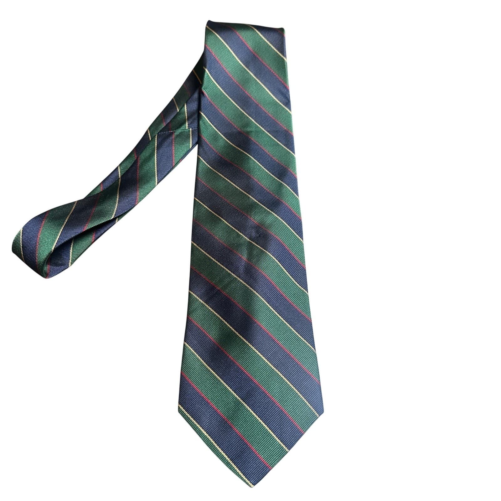 Hathaway Necktie Mens 60" Green Navy Gold Striped Excellent Silk Hand Made Tie