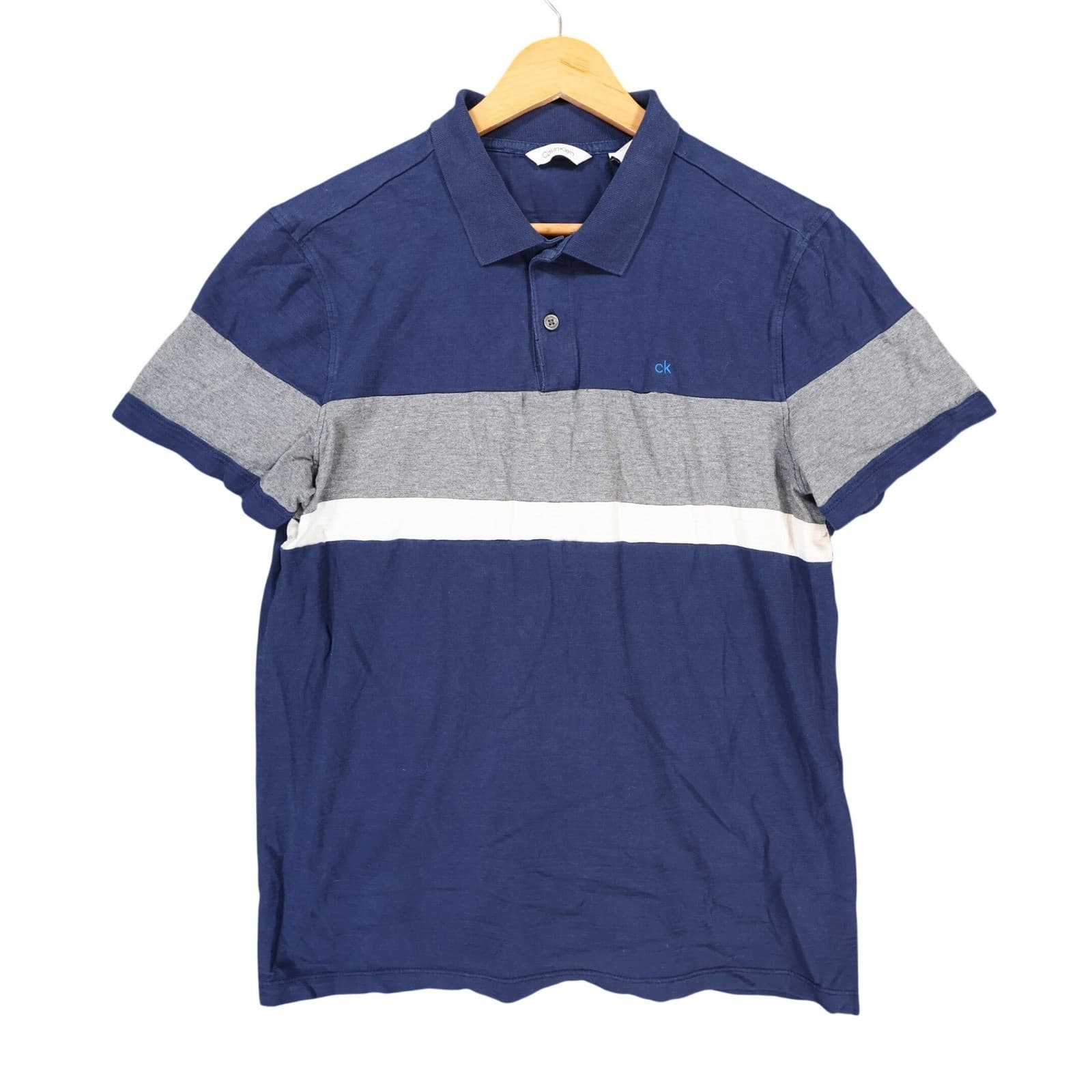 Calvin Klein Polo Mens Small Blue Excellent Colorblock Short Sleeve Cotton Shirt
