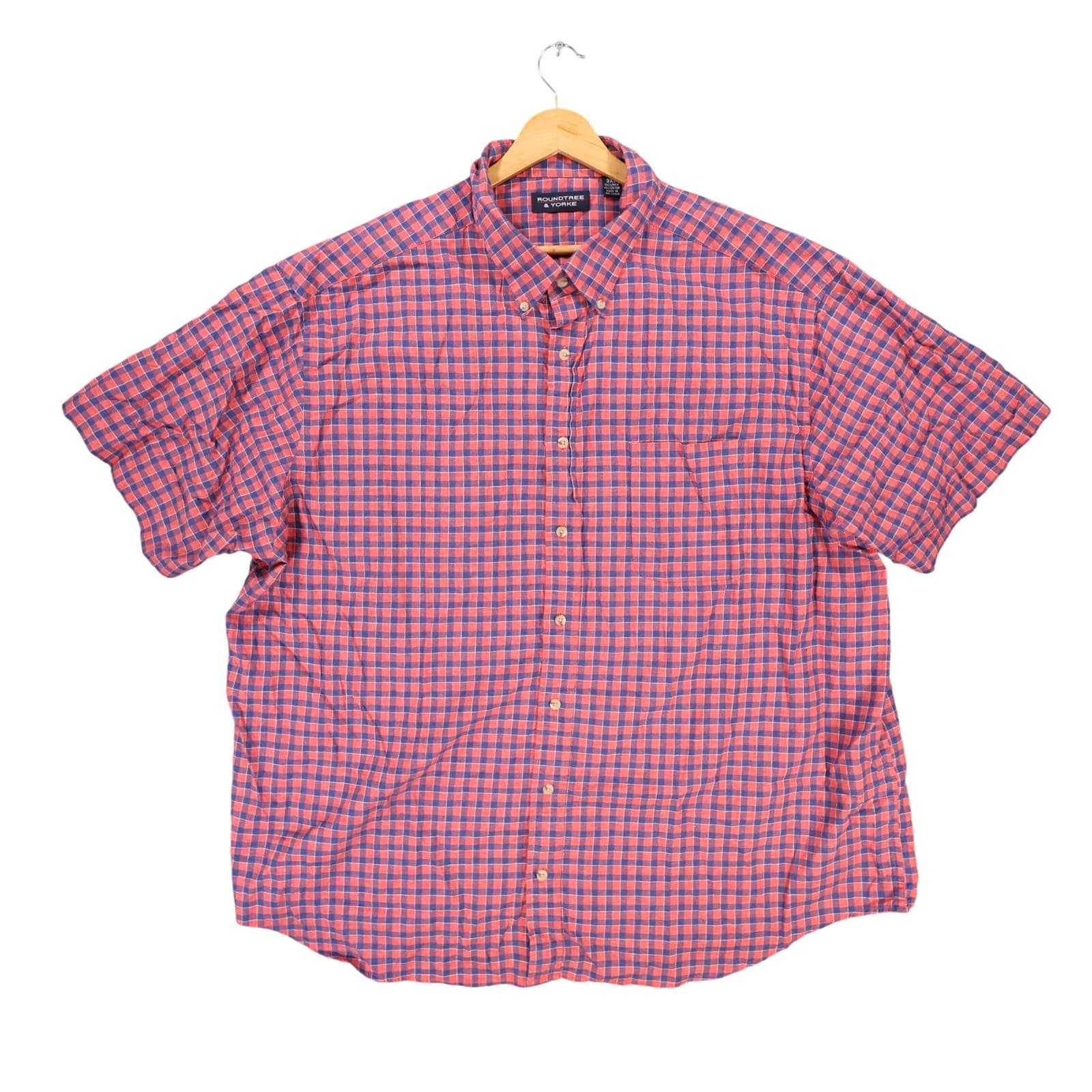 Roundtree & Yorke Button Up Mens 3XB Red Excellent Gingham Short Sleeve