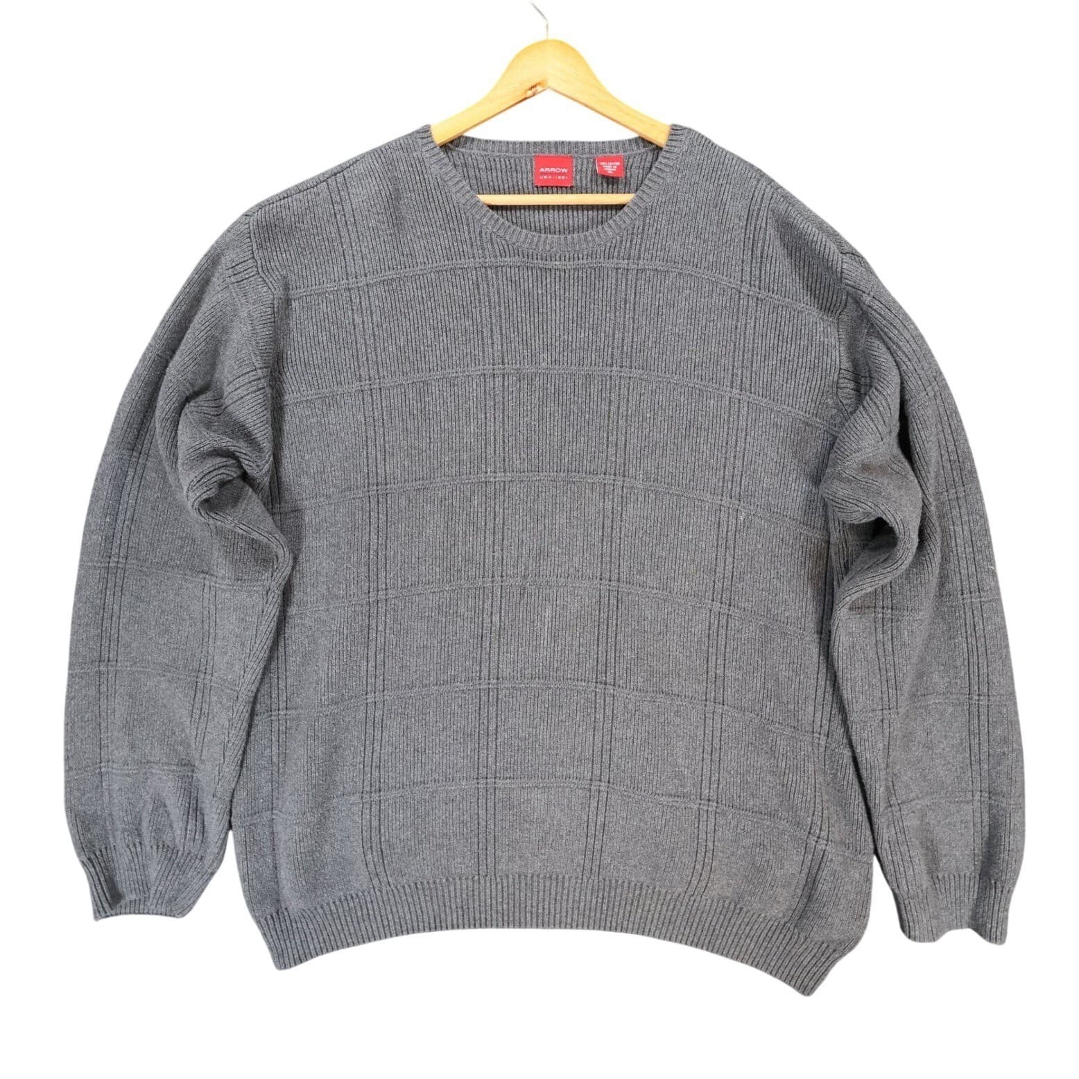 Arrow Sweater Mens XL Gray Excellent Textured Knit Pullover Cotton Grid Pattern