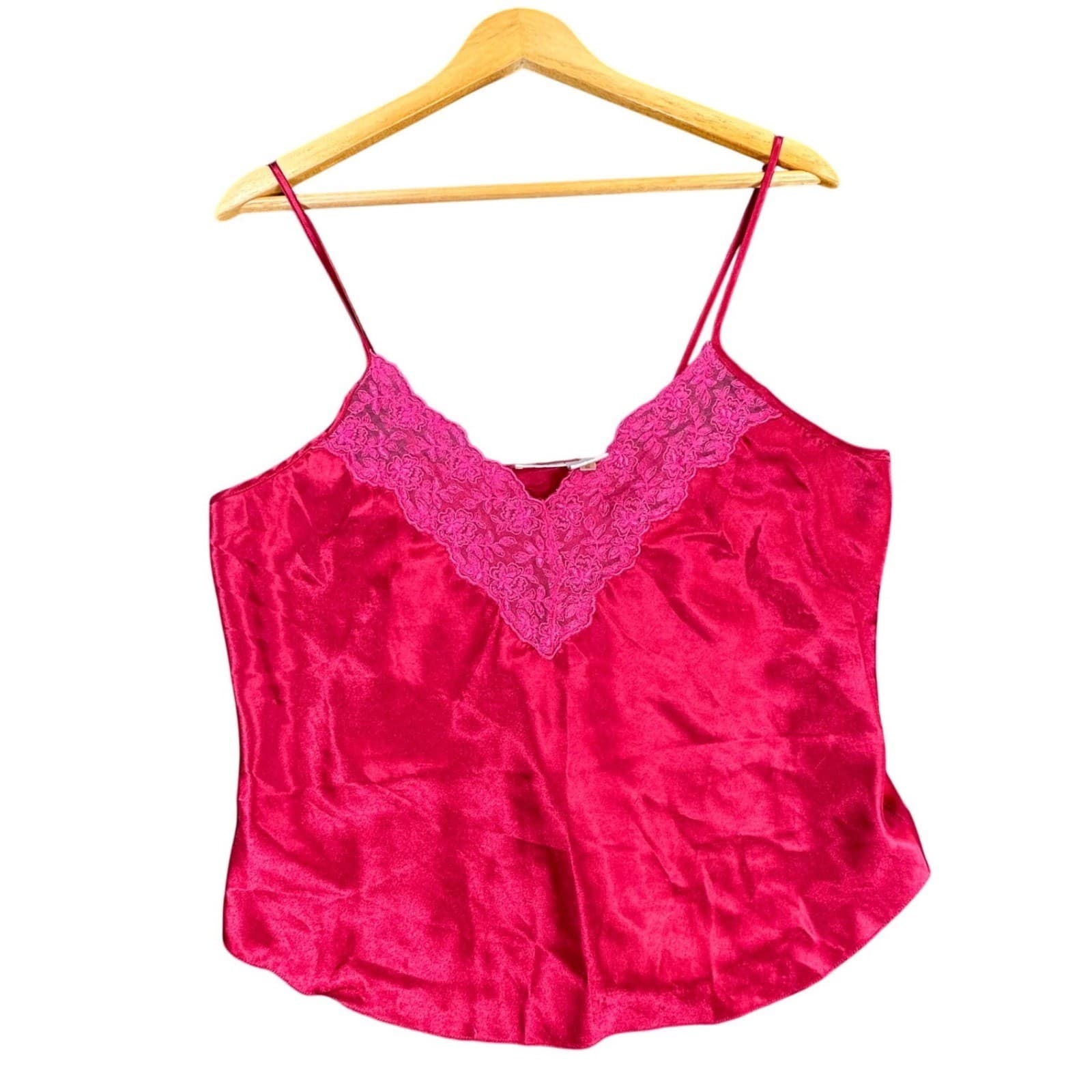 Cacique Cami Top Womens Large Burgundy Red Polyester Satin Lace Trim Lingerie