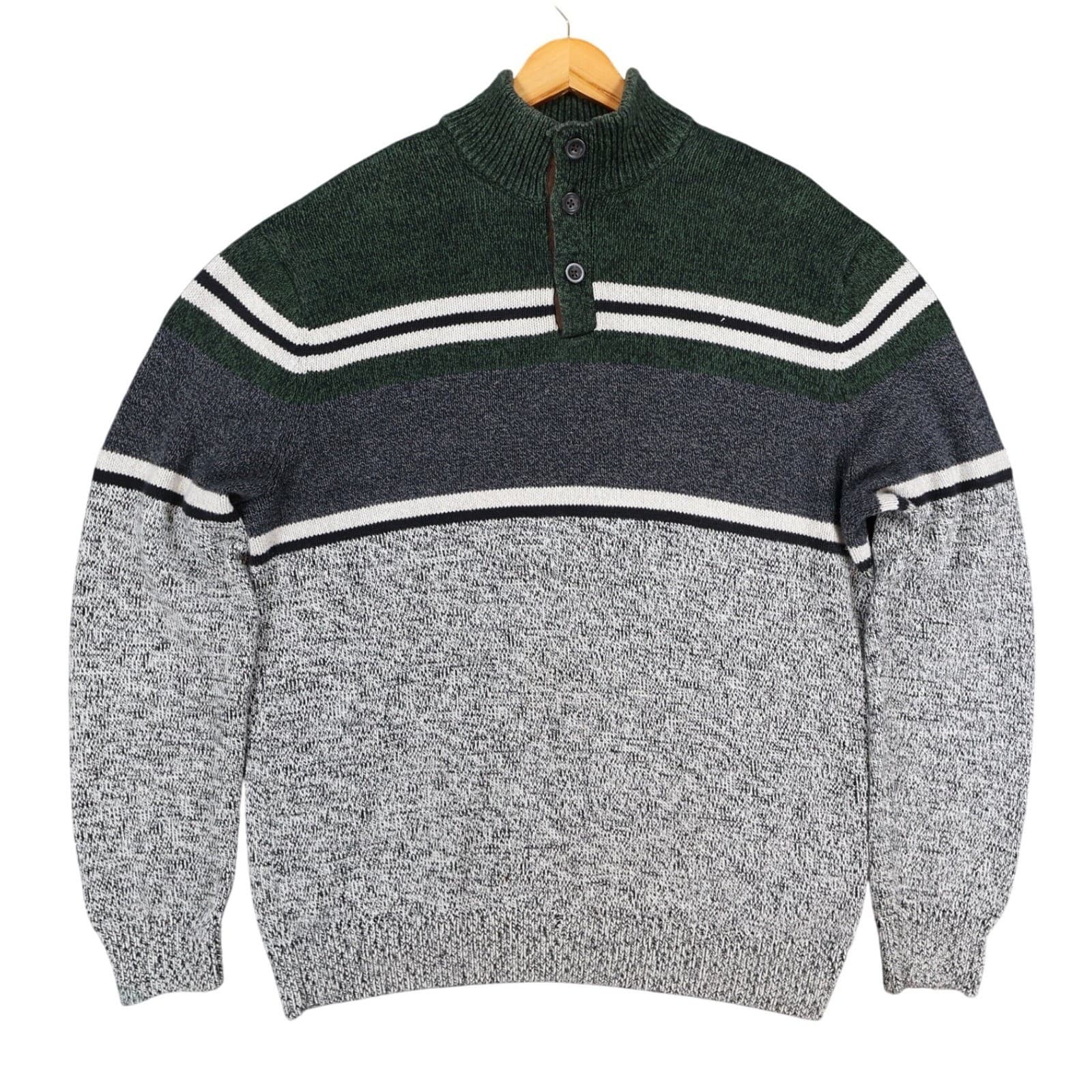 Chaps Sweater Mens L Green Gray Cotton Colorblock Mock Neck Quarter Button