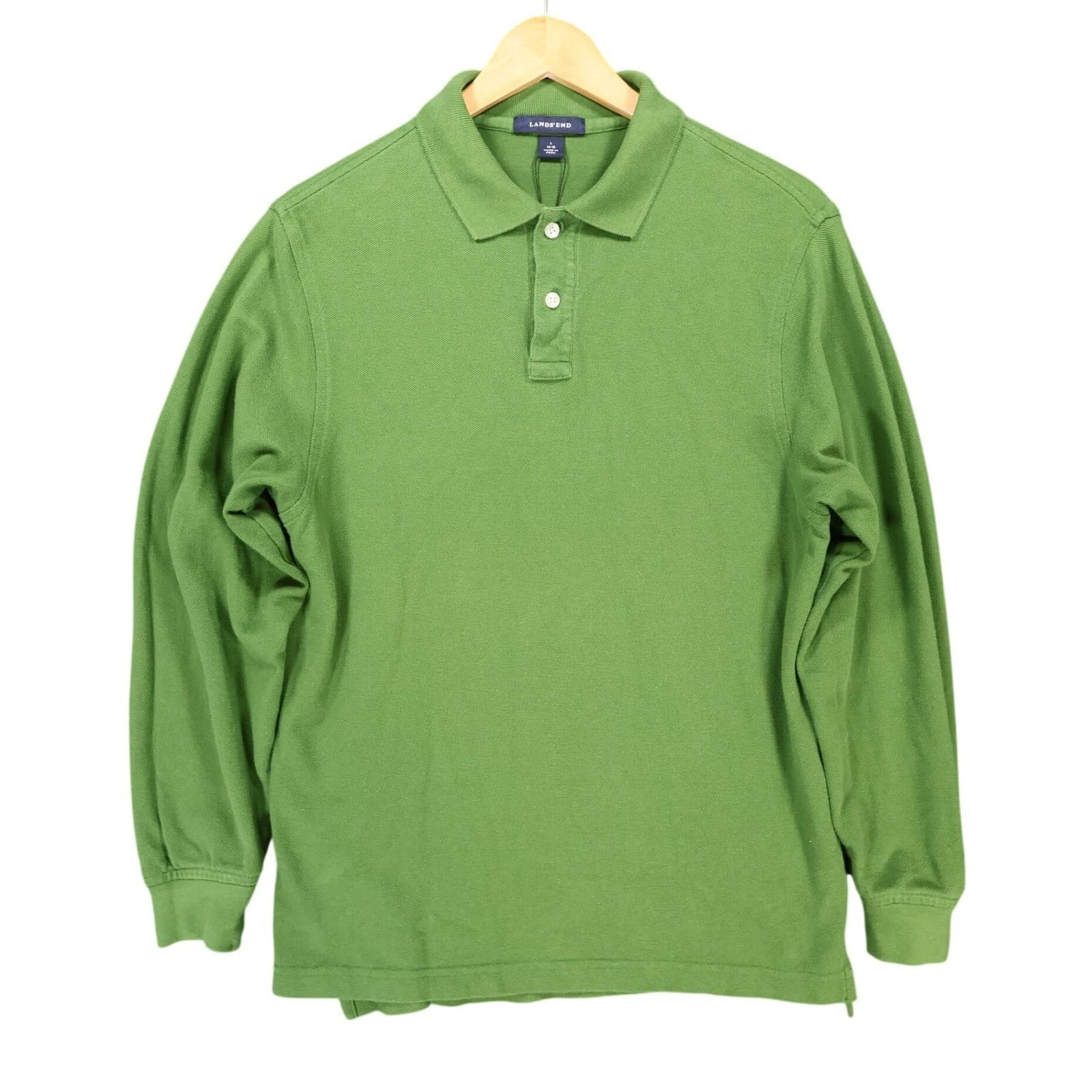 Lands' End Polo Boys L Green Excellent Long Sleeve Pique Cotton Shirt