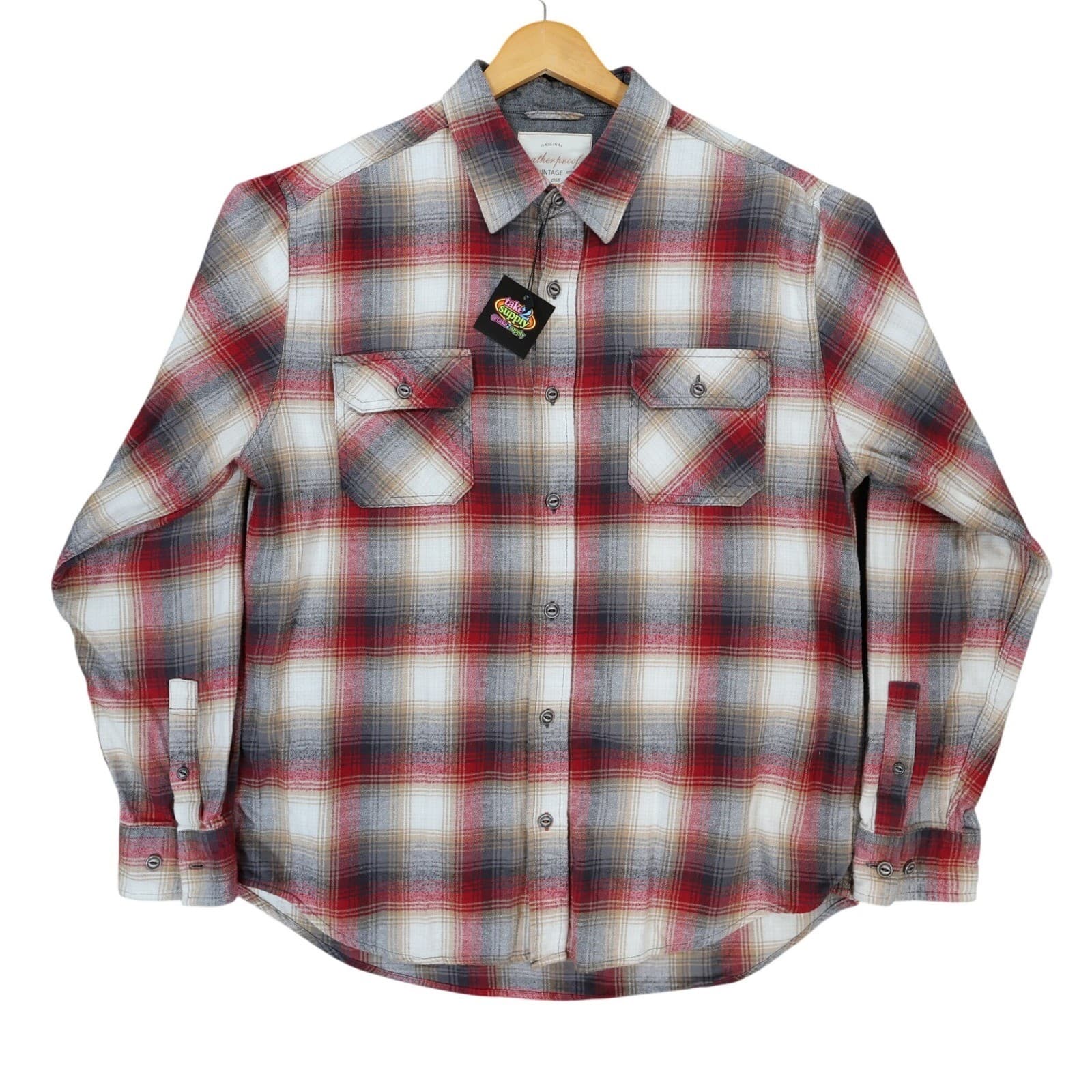Weatherproof Vintage Flannel Mens L Red Excellent Plaid Button Up