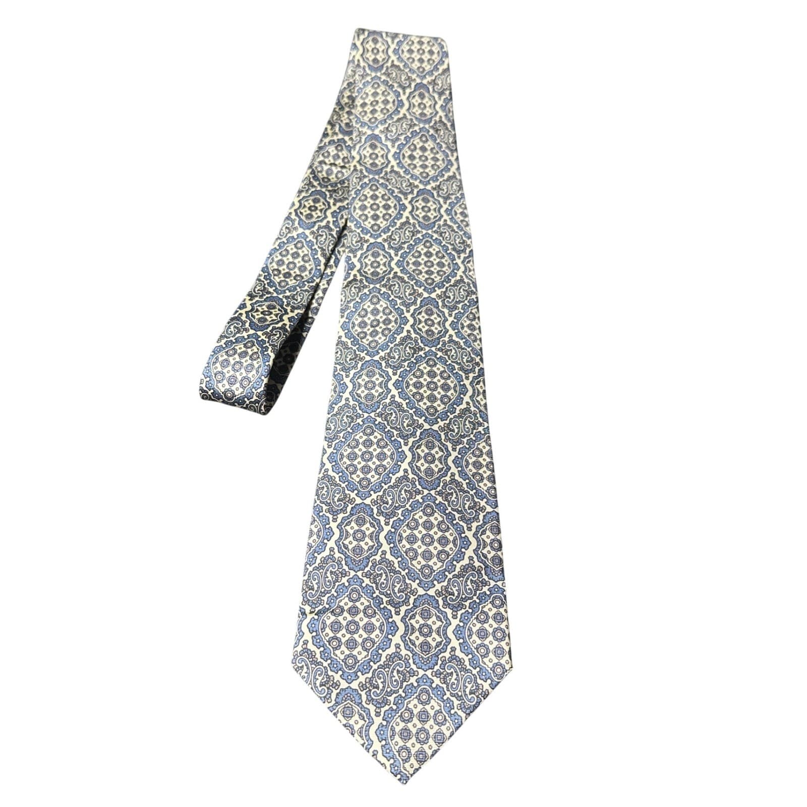 Angelica Mens Silk Blend Geometric Pattern Necktie Blue White Formal