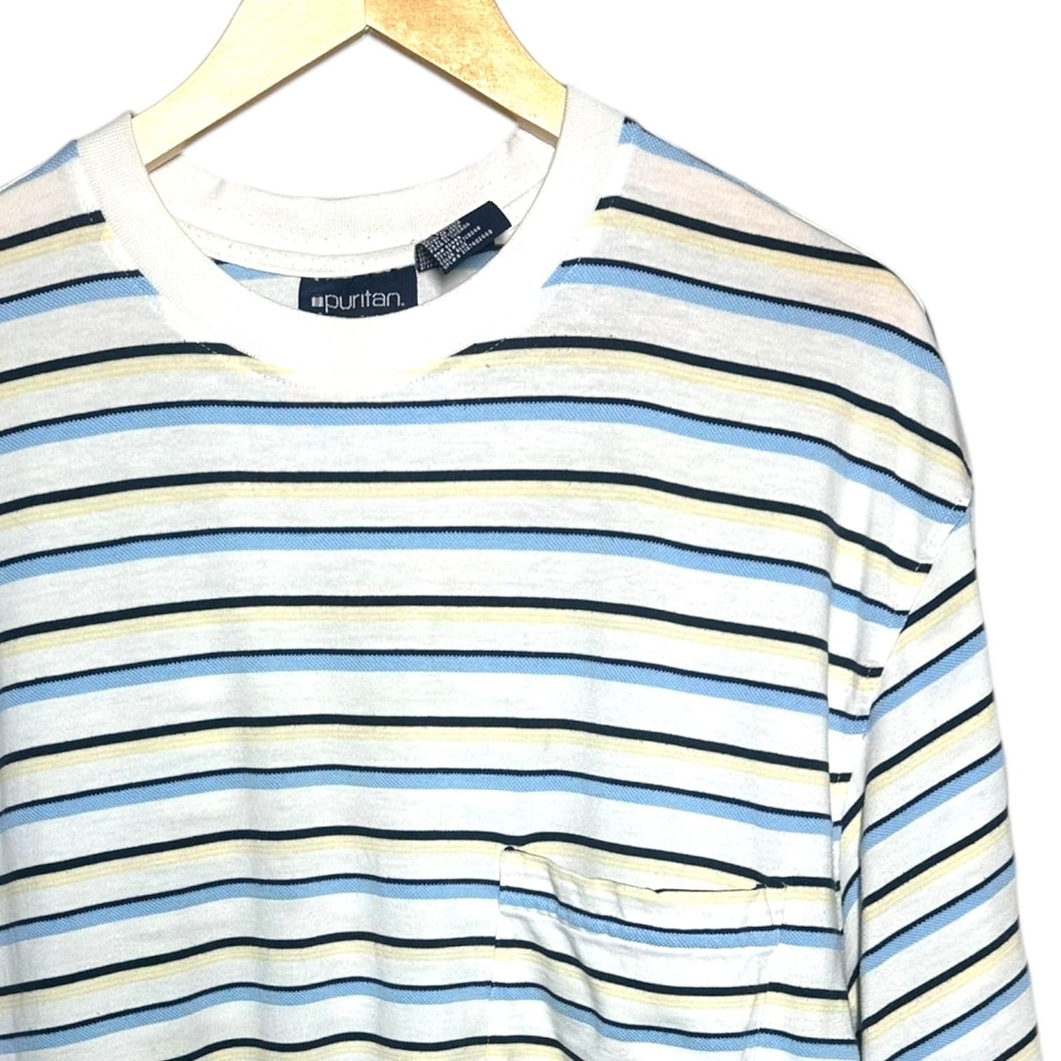 Puritan Mens 2XL Blue Yellow Black Stripe Pocket T Shirt Cotton Polyester Blend