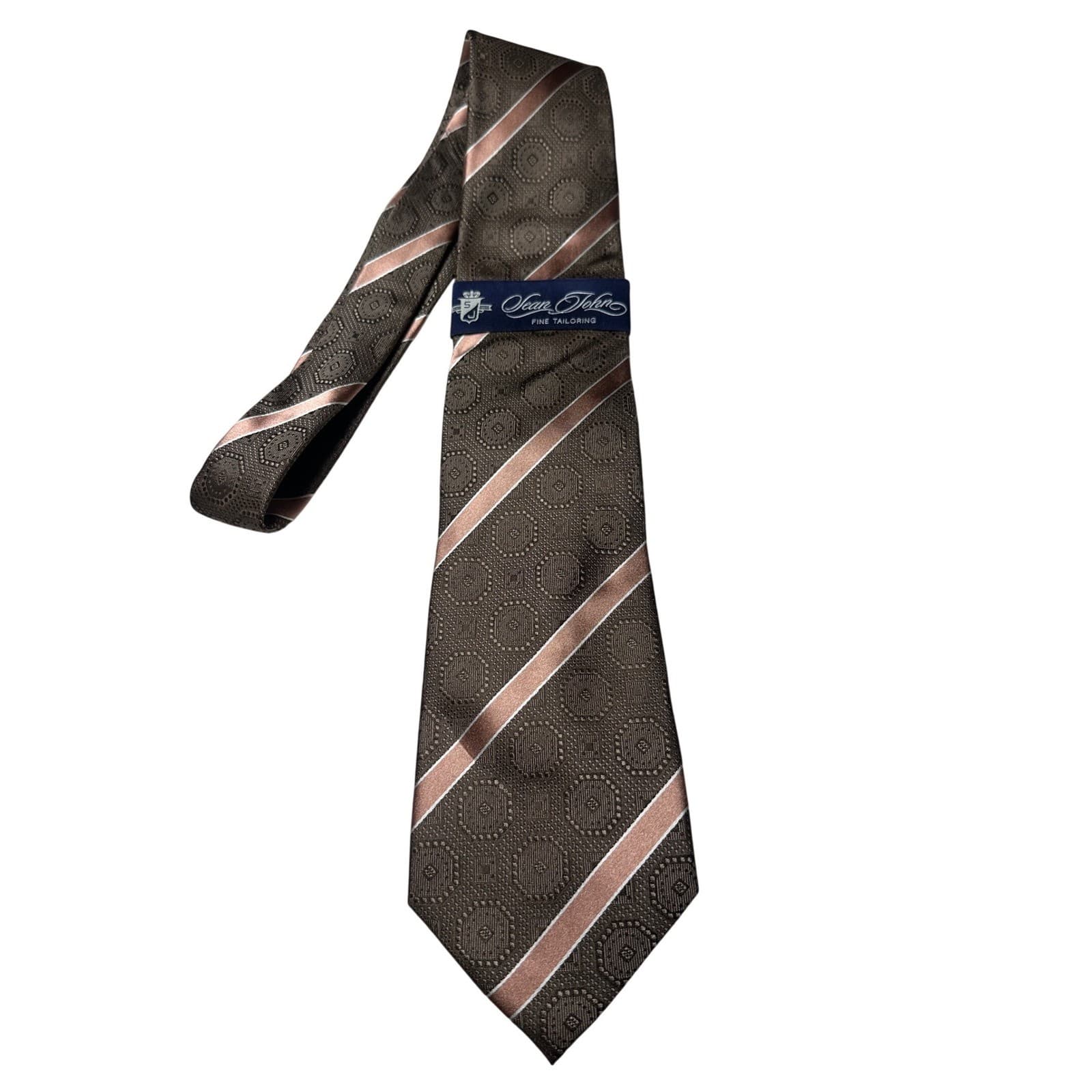 Sean John Mens Brown Silk Geometric Medallion Striped Hand Made Necktie Tie