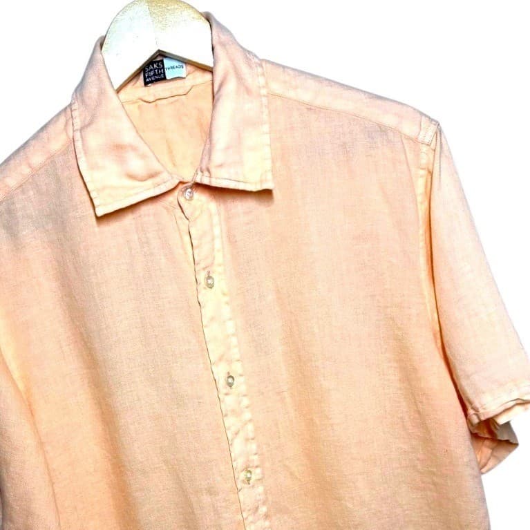 Saks Fifth Avenue Mens Peach Linen Blend Short Sleeve Button Up Shirt Size M