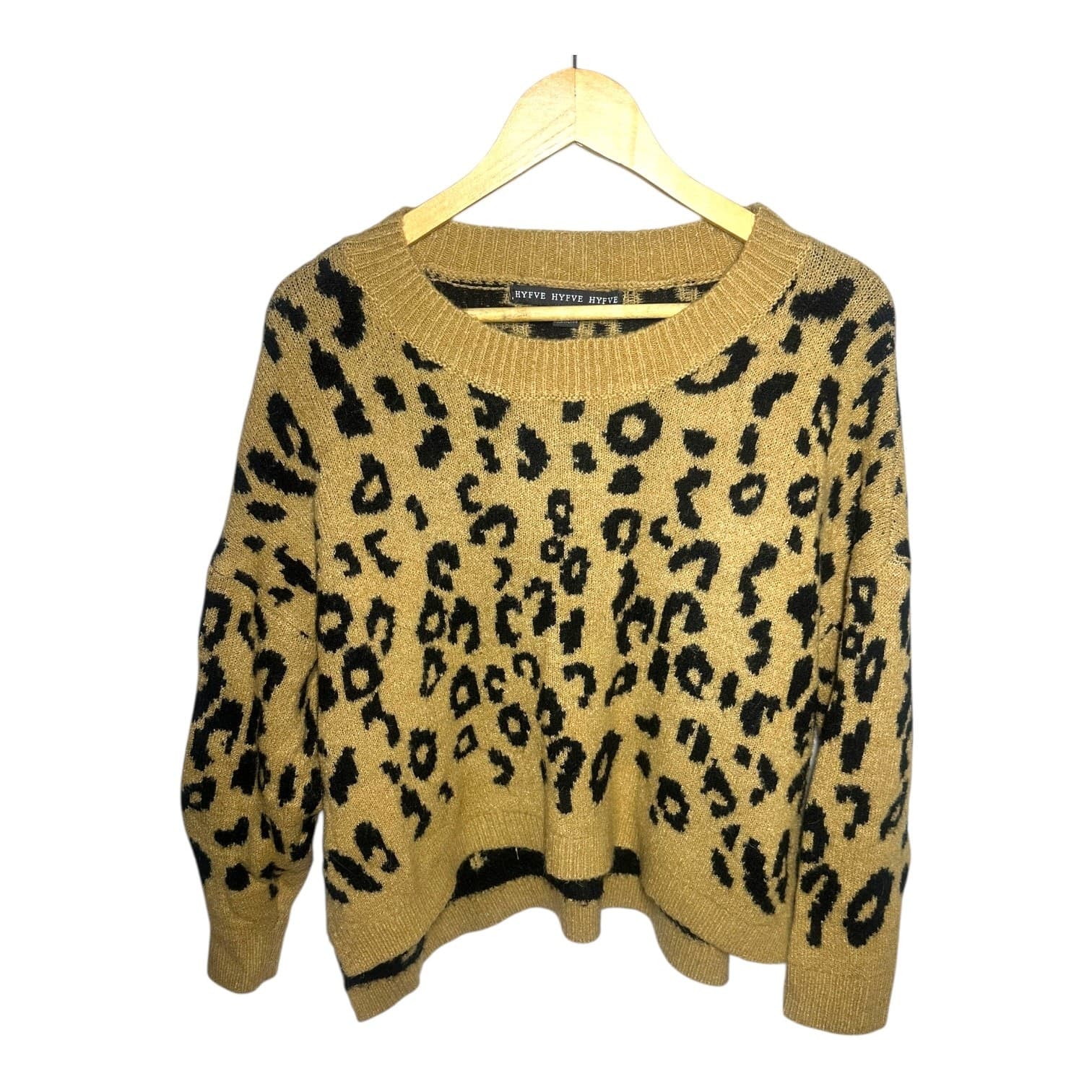 HYFVE Women's Size M Tan Black Leopard Print Knit Crew Neck Sweater Pullover