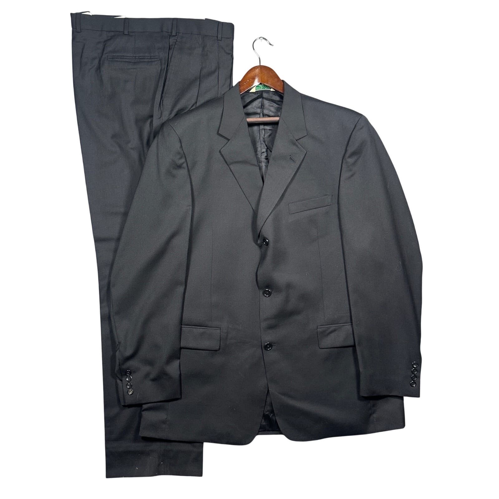 Palm Beach Suit Men Black Excellent 100% Pure Wool 3 Button Pleated Hartmarx
