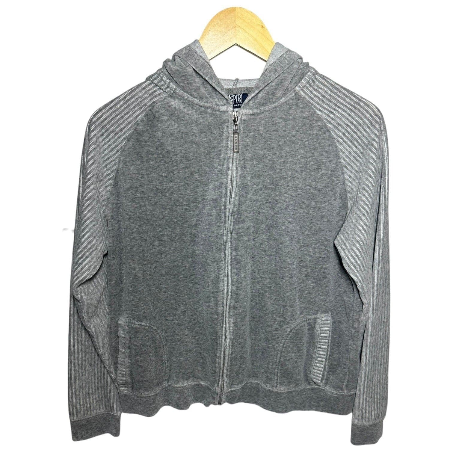 Blasport Bill Blass Zip Up Hoodie Womens Large Gray Striped Sleeve Excellent