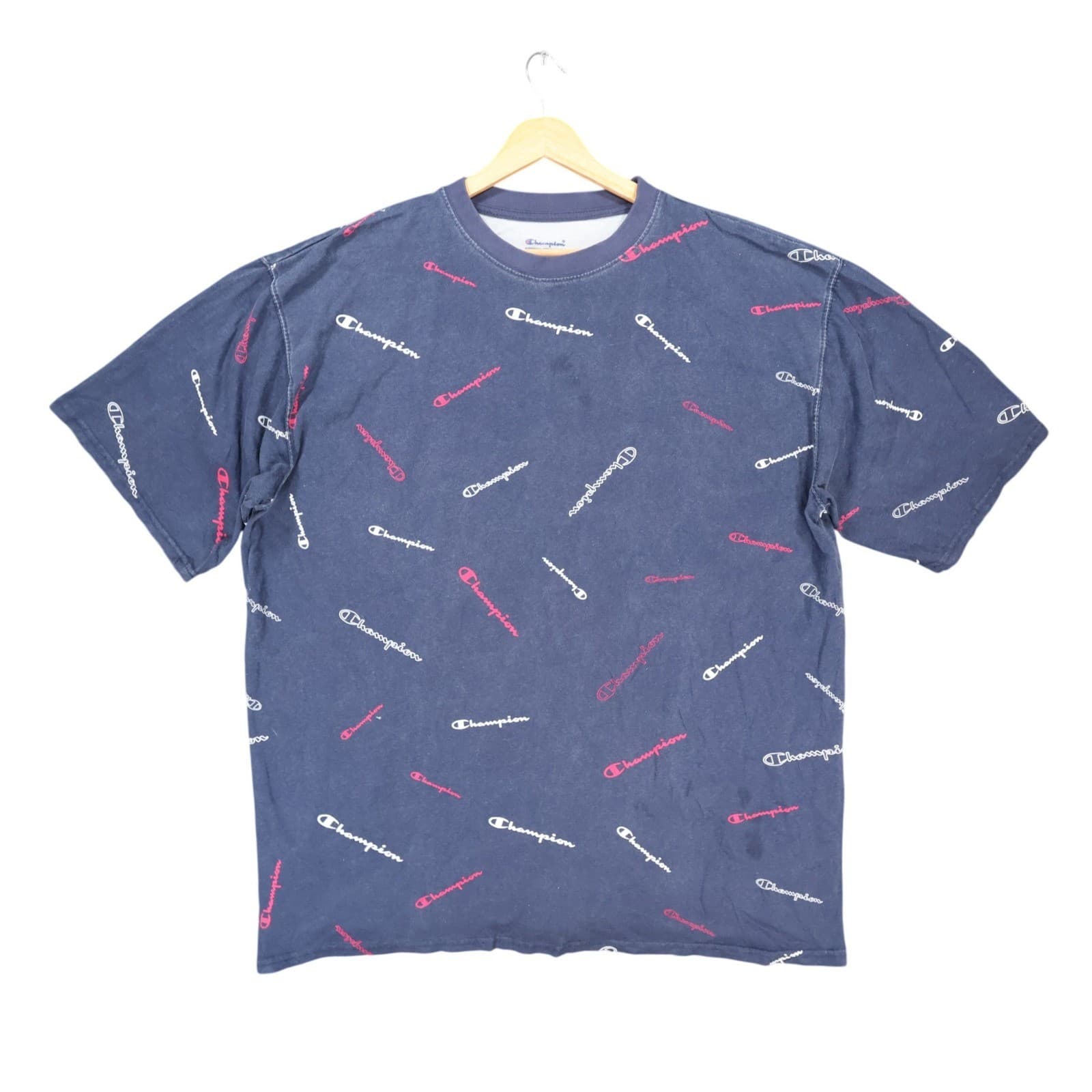 Champion T-Shirt Mens XLT Navy Blue 100% Cotton Tall All Over Print Script Logo