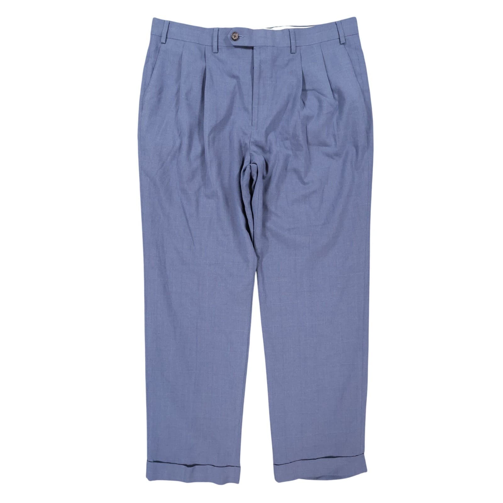 Ralph Lauren Dress Pants Mens 36W x 30L Blue Poly Rayon Pleated Windowpane Check