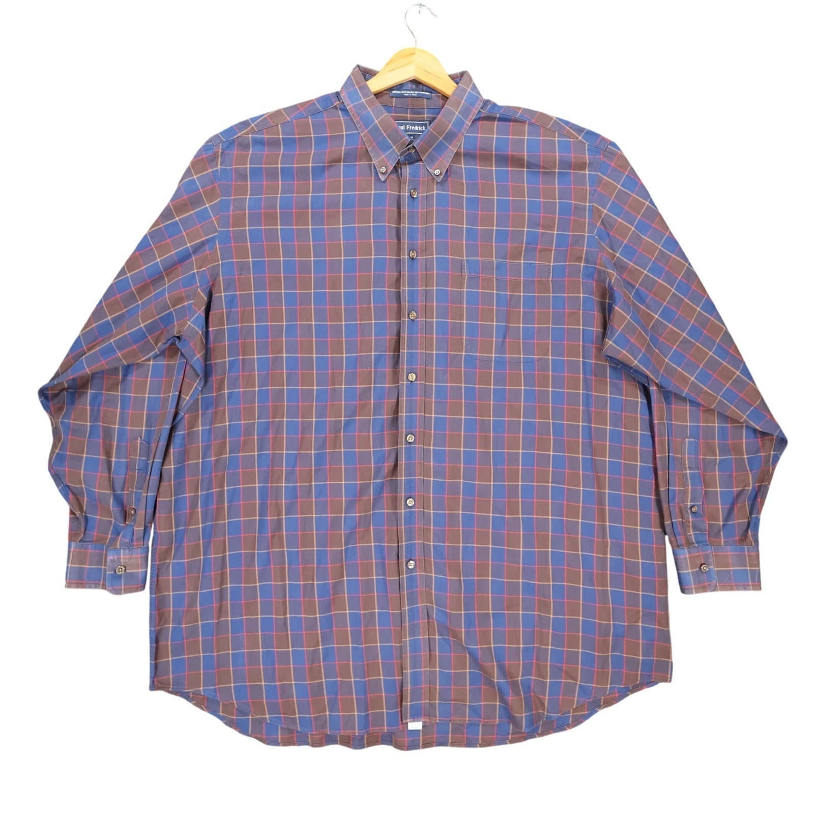 Paul Fredrick Button Down Mens 19-36 Blue Brown Cotton Plaid Dobby Shirt