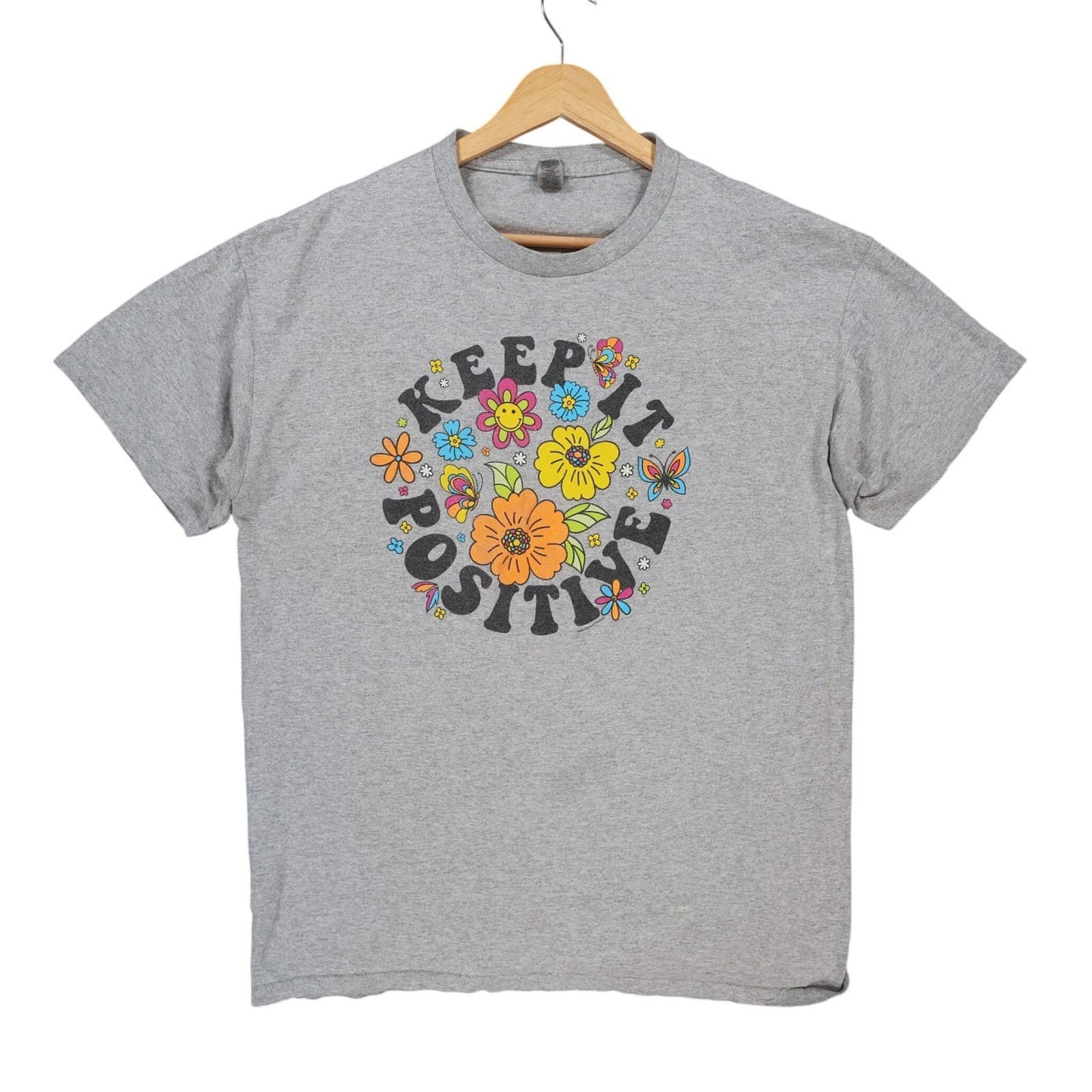Gildan T-Shirt Mens XL Gray Cotton Blend Keep It Positive Floral Graphic Tee