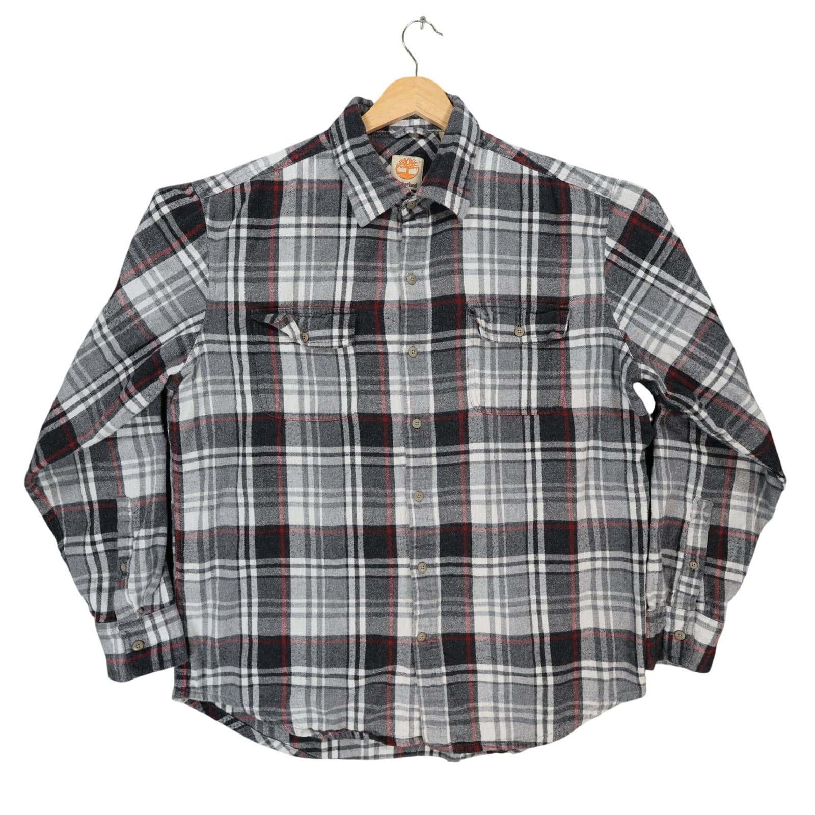 Timberland Flannel Shirt Mens L Gray 100% Cotton Regular Fit Plaid Button Up
