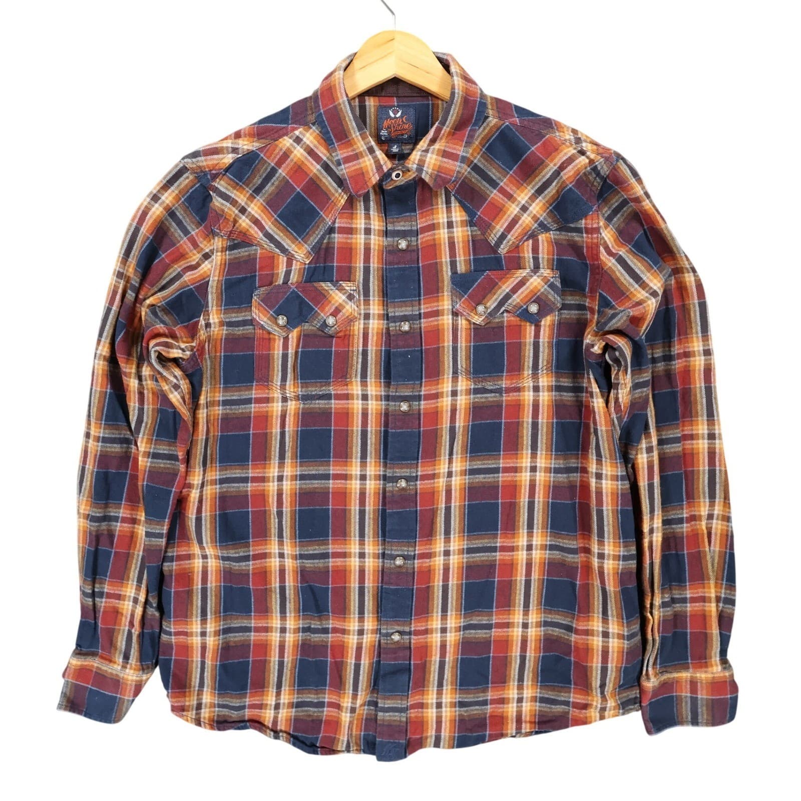 Moonshine Spirit Western Shirt Mens Small Multicolor Cotton Plaid Pearl Snap