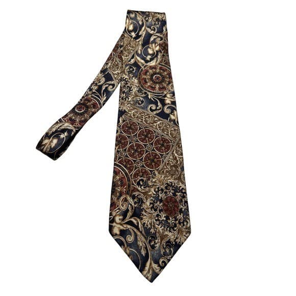 417 by Van Heusen Mens Silk Tie Navy Gold Burgundy Baroque Medallion Paisley