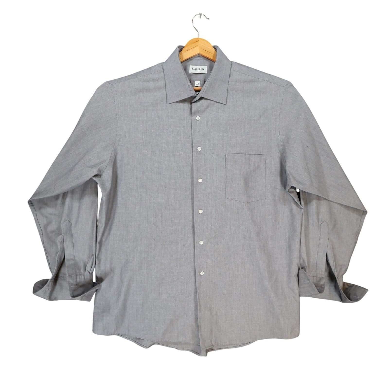 Van Heusen Button Down Shirt Mens 17 34/35 Gray Textured Long Sleeve Dress Shirt