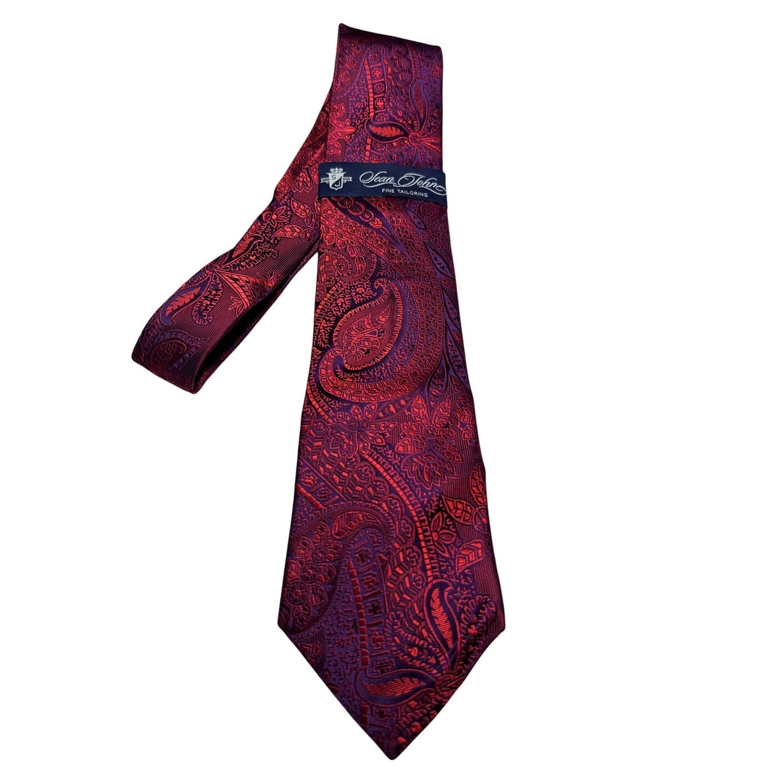 Sean John Tailoring Mens Burgundy Purple Paisley 100% Silk Hand Made Necktie