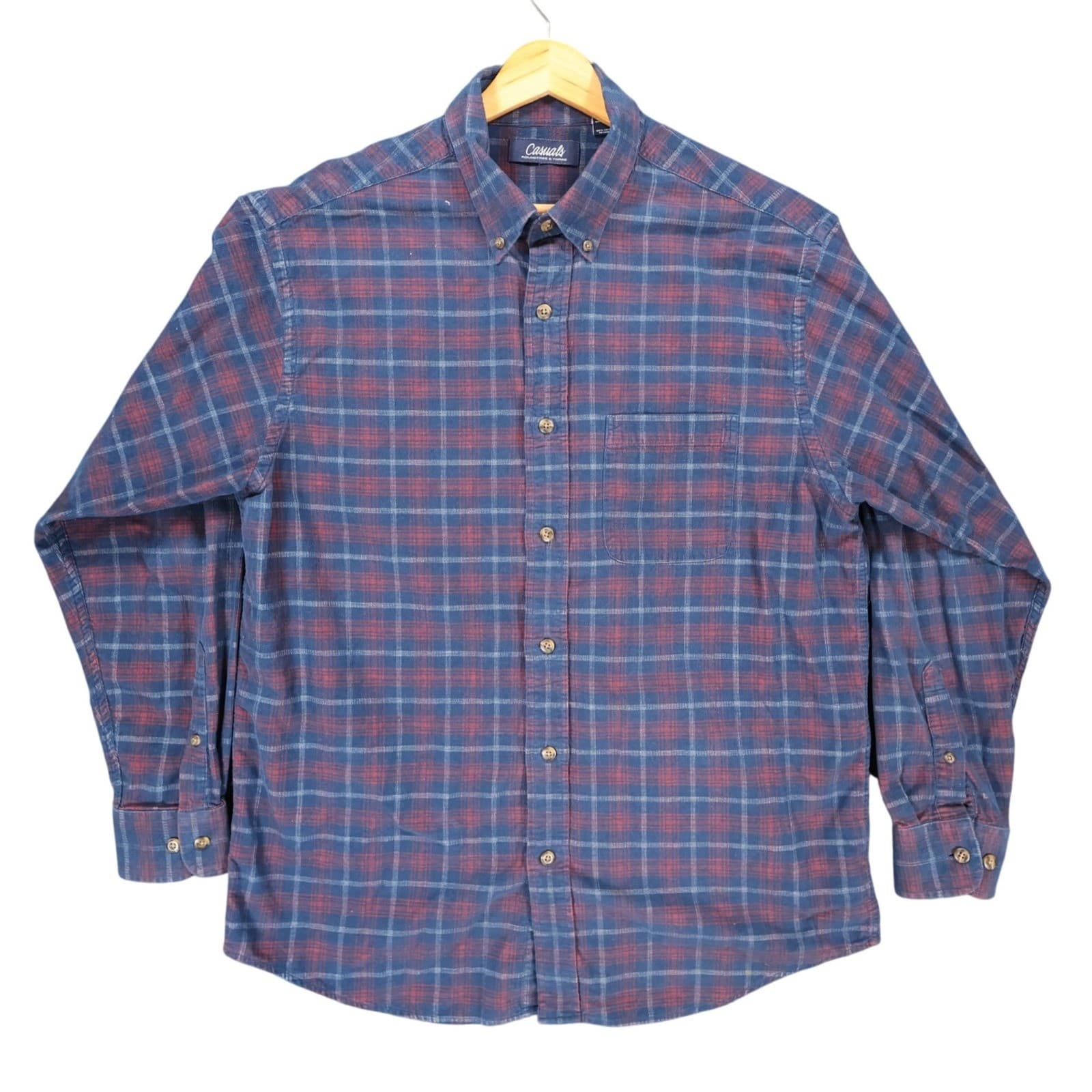 Roundtree & Yorke Button Down Mens L Blue Cotton Corduroy Plaid Casual Shirt
