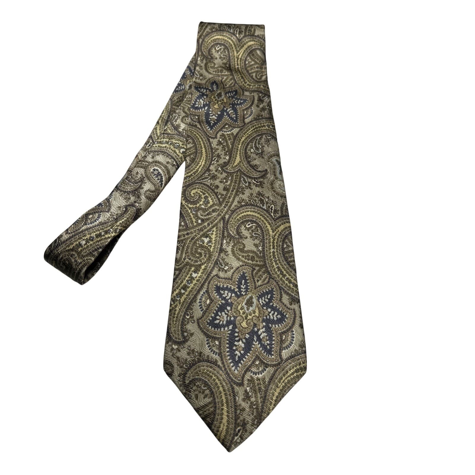 Van Heusen Mens Silk Tie Gold Green Navy Paisley Floral Woven Necktie